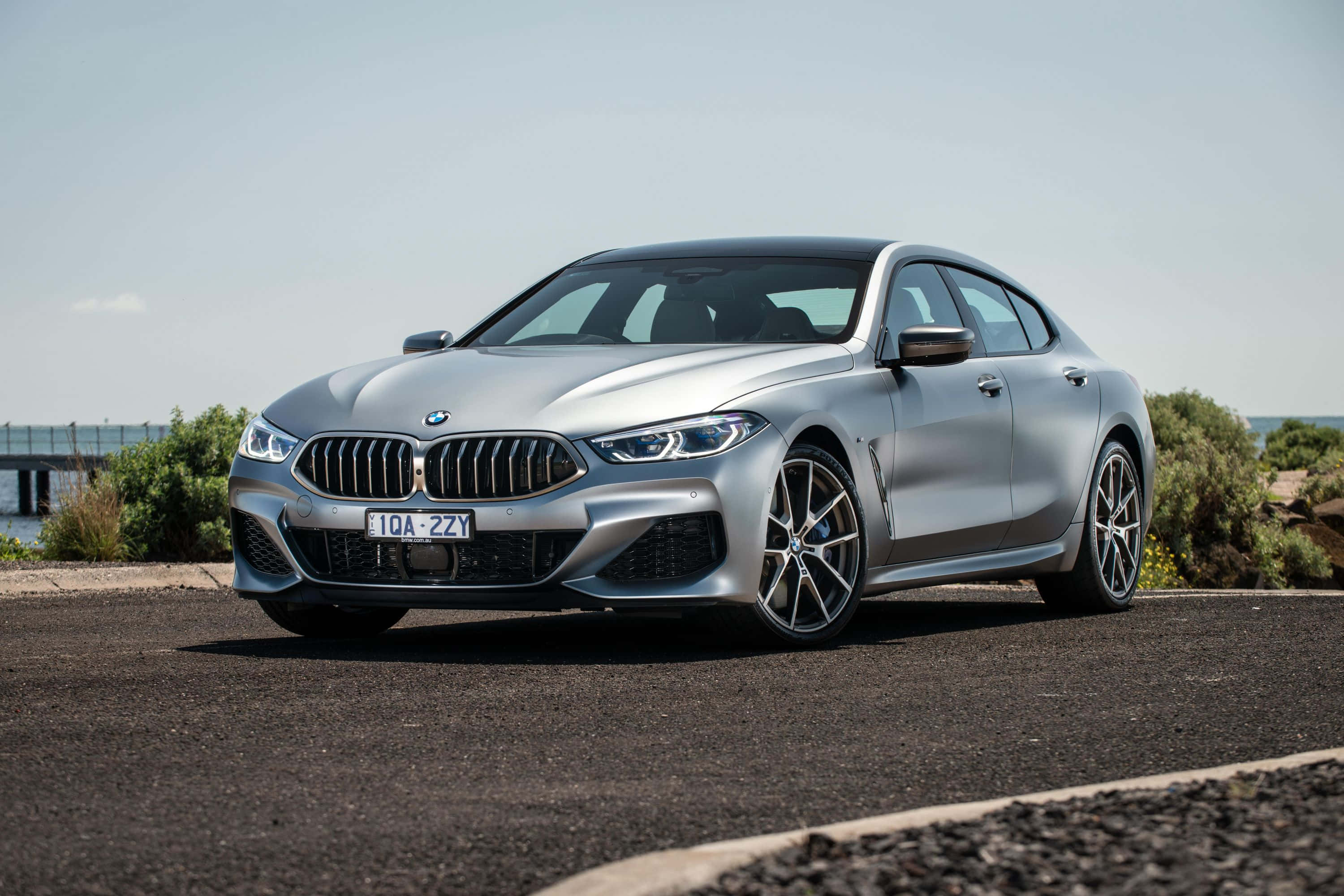 BMW 8 Series, silver, asphalt, 2K Desktop Wallpaper
