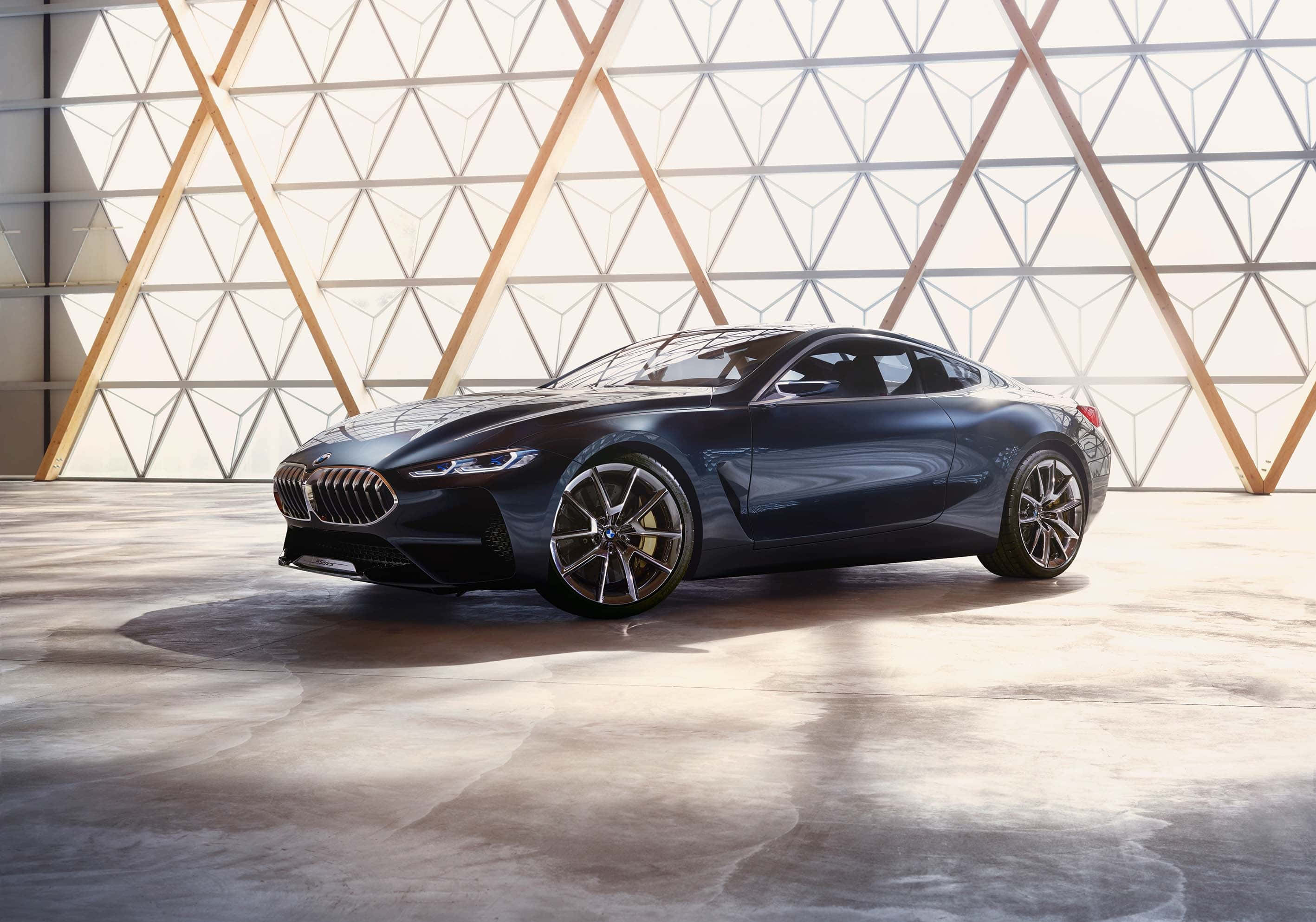BMW 8 Series, dark blue, modern geometric glass and wood structure, 2K Desktop Wallpaper