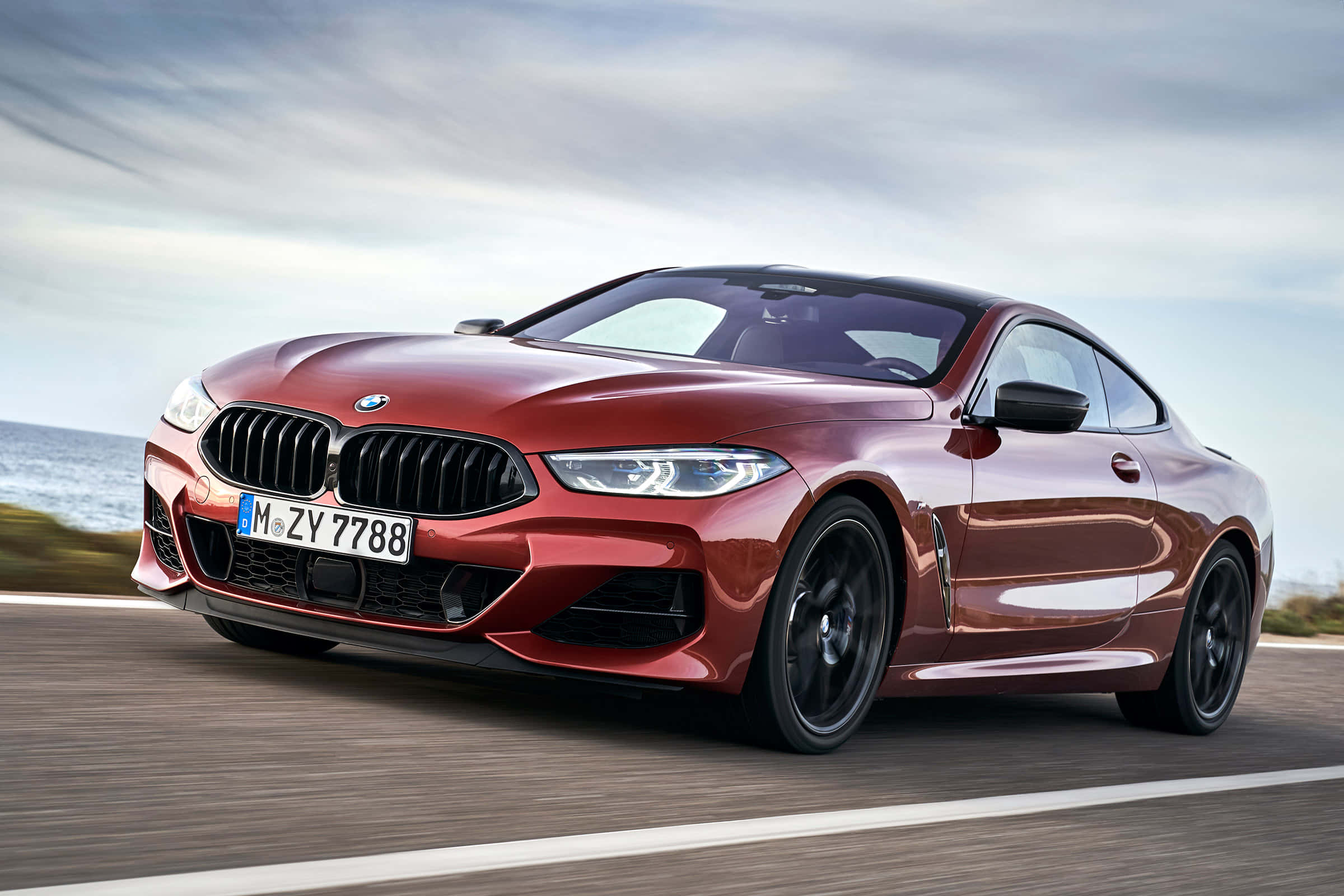 BMW 8 Series, red, coastal road, Full HD Desktop Wallpaper