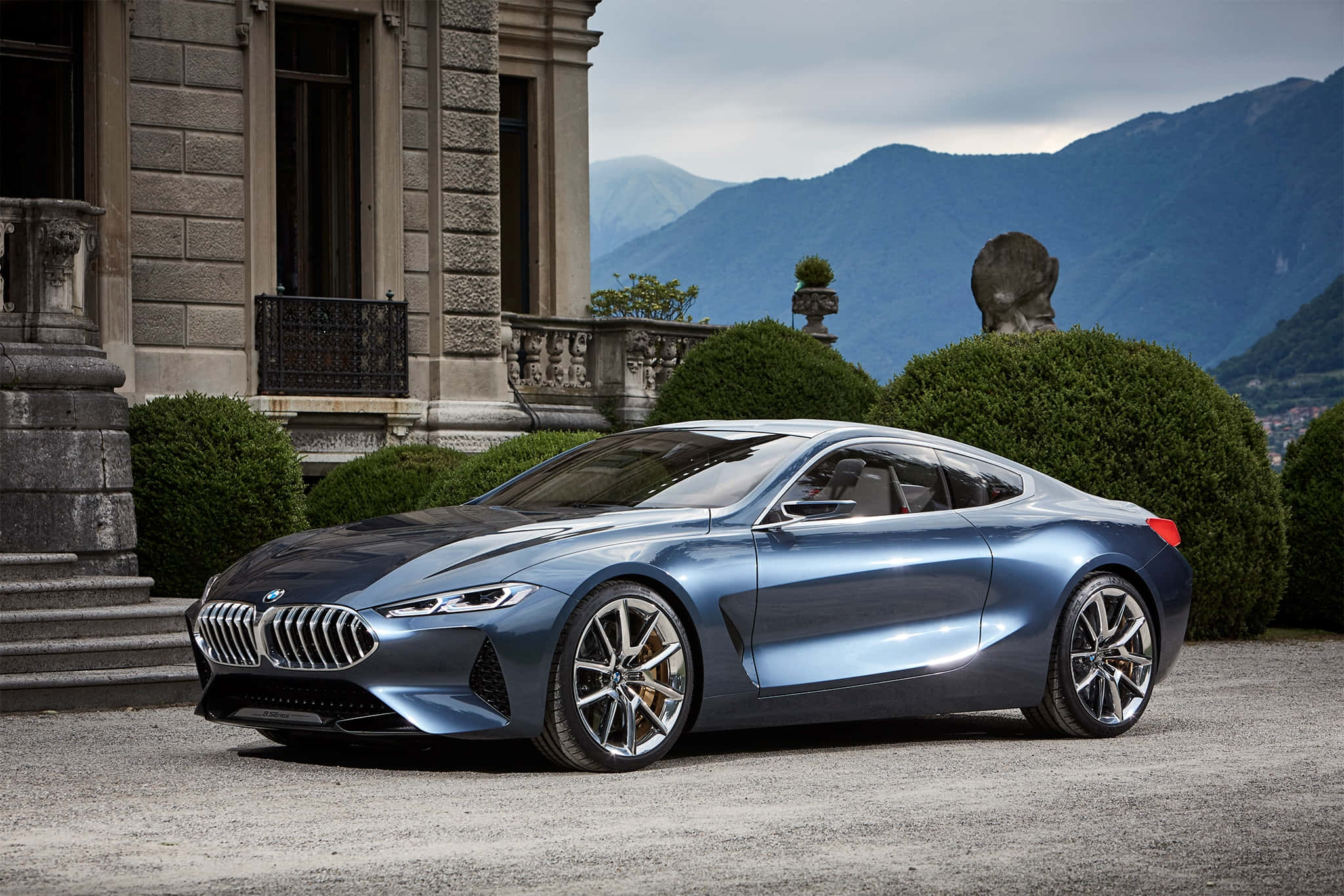 BMW 8 Series, blue, gravel driveway, Full HD Desktop Wallpaper