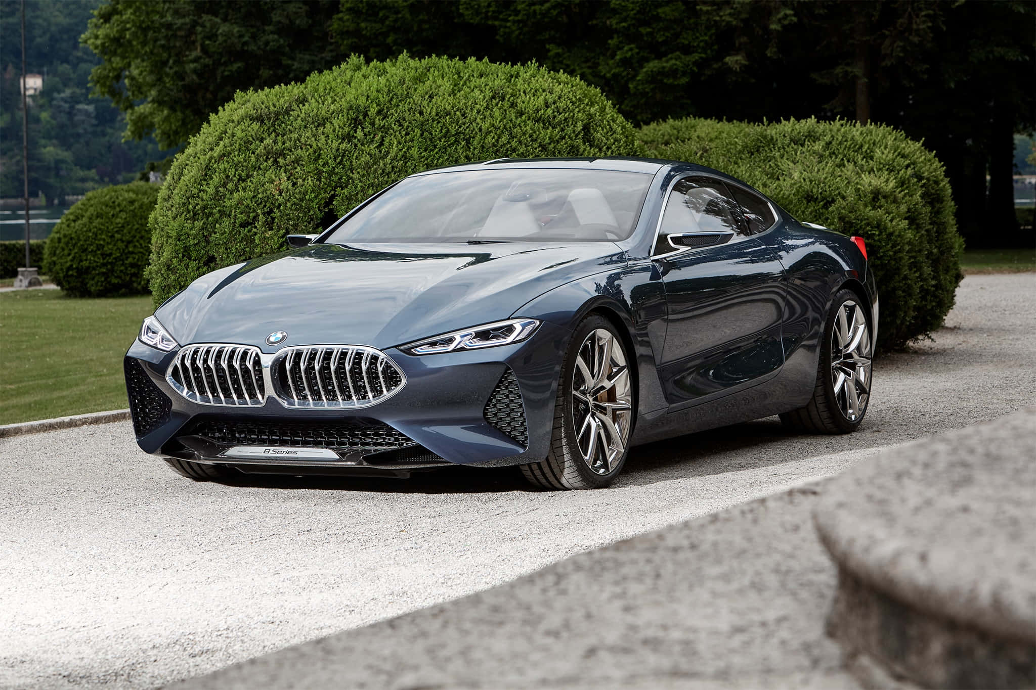 BMW 8 Series, dark blue, gravel path, Full HD Desktop Wallpaper