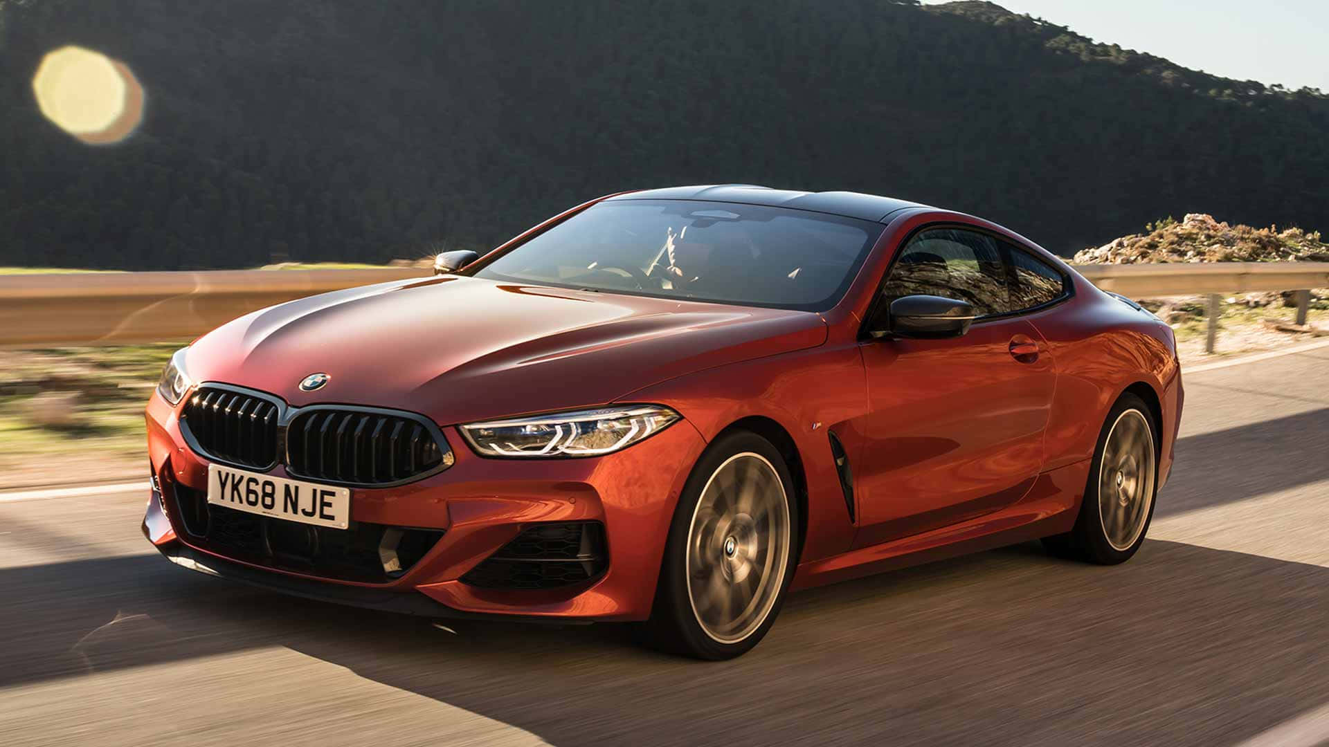 BMW 8 Series, glossy red, mountain road, Full HD Desktop Wallpaper