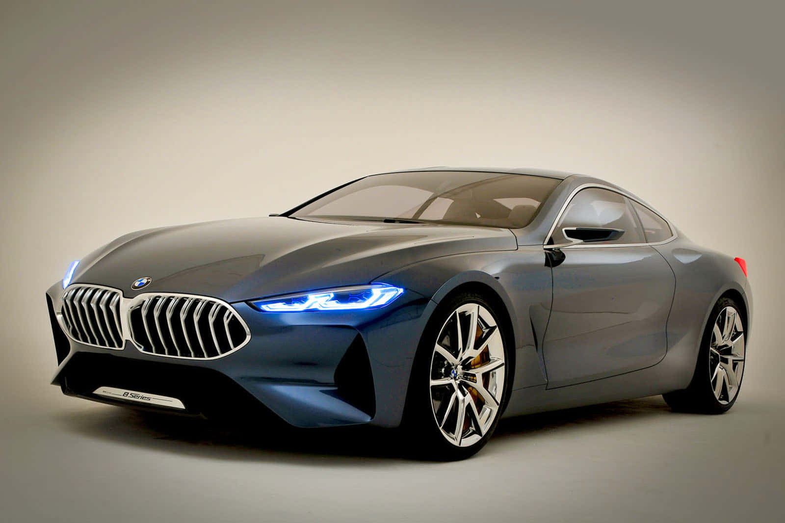 BMW 8 Series, metallic blue, glowing headlights, HD Desktop Wallpaper