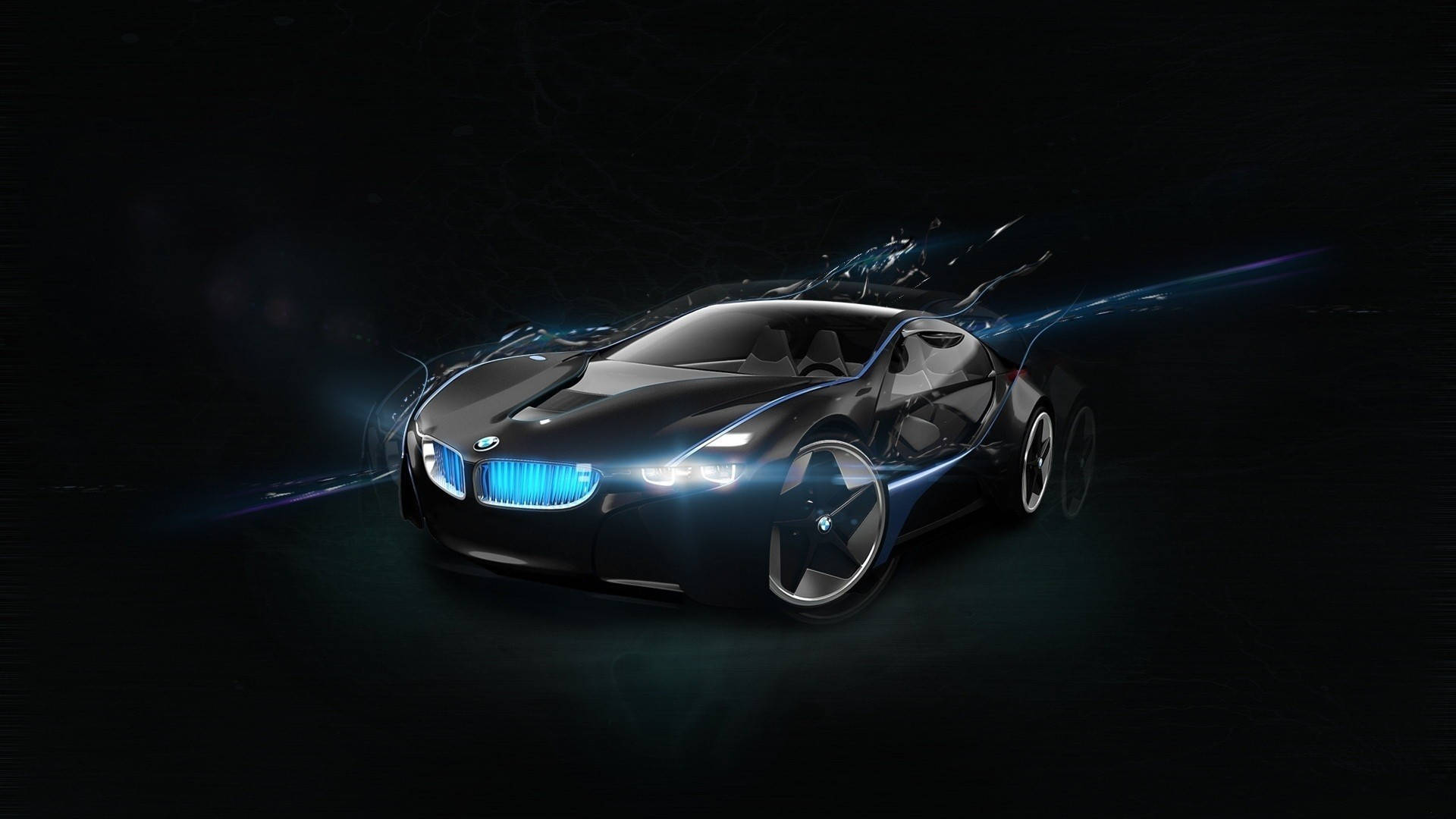 BMW, sleek black futuristic sports car, vibrant blue lights, Full HD Desktop Wallpaper