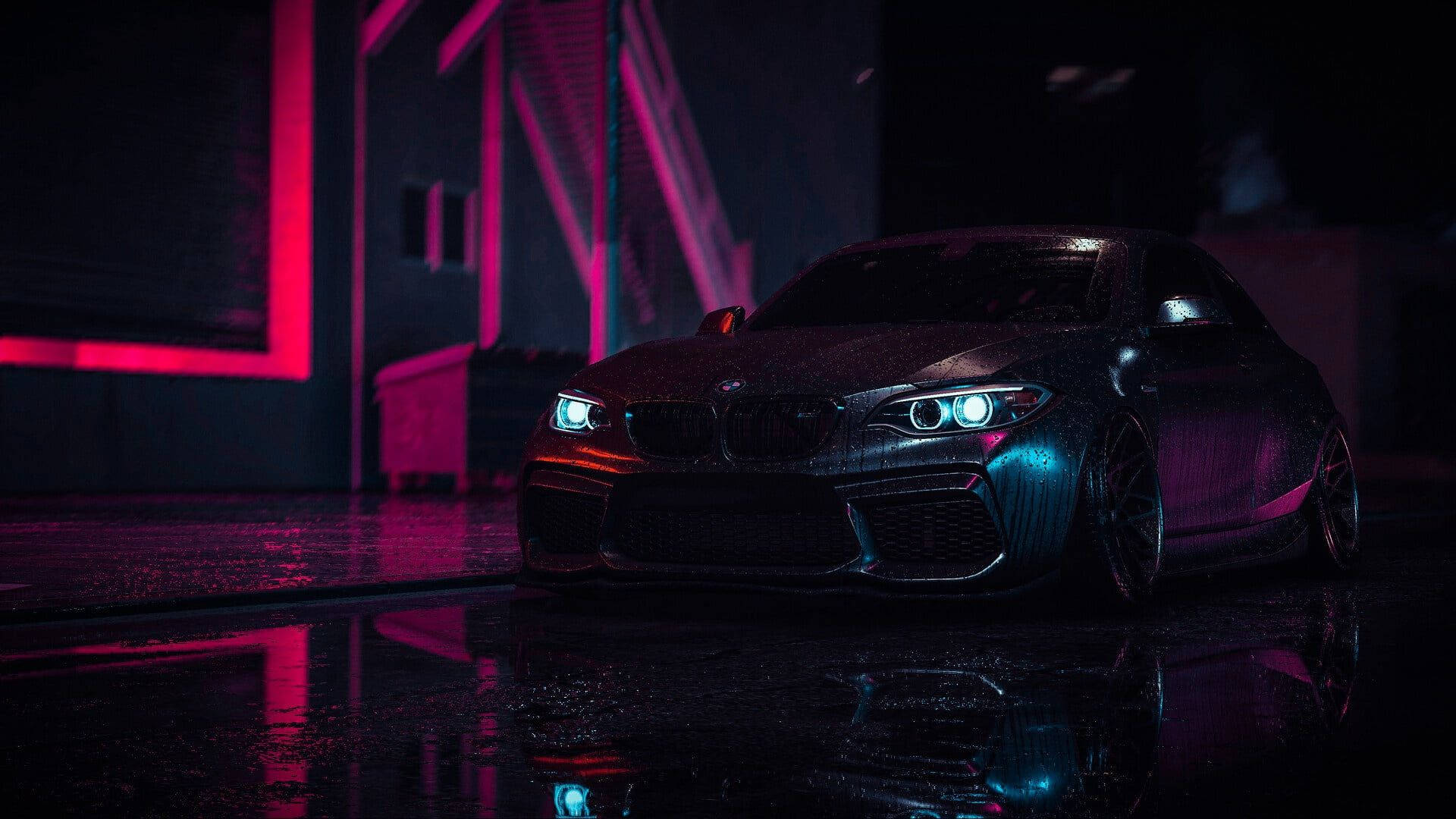 BMW, sleek black sports car, neon pink and blue lights, Full HD Desktop Wallpaper
