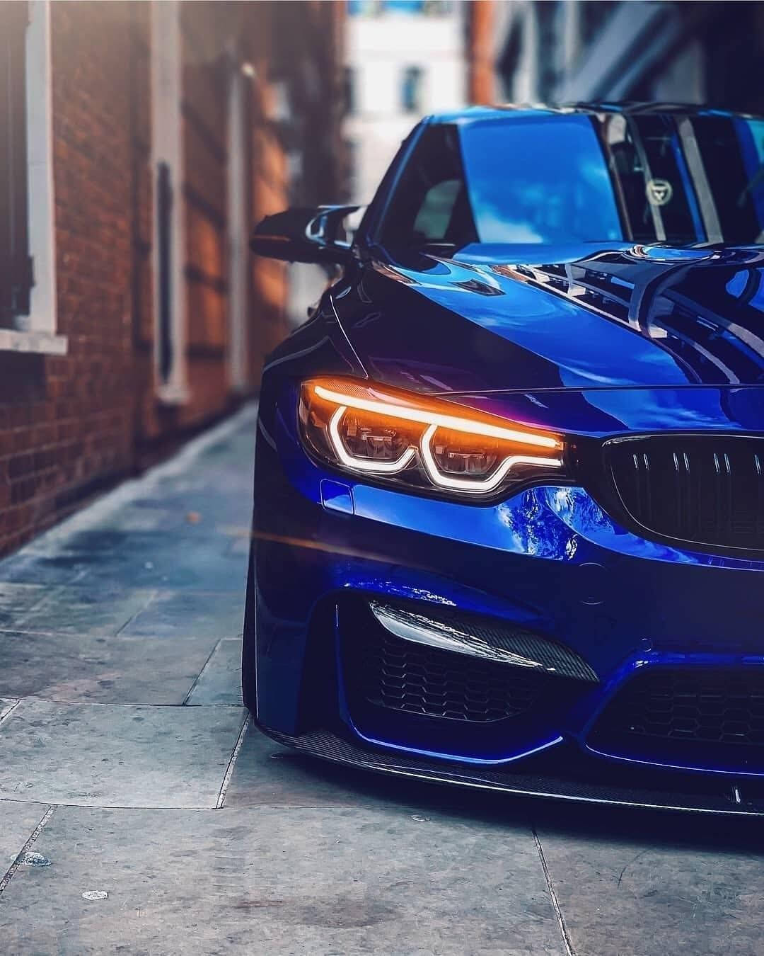 BMW, glossy blue sports car, glowing headlights, HD Phone Wallpaper