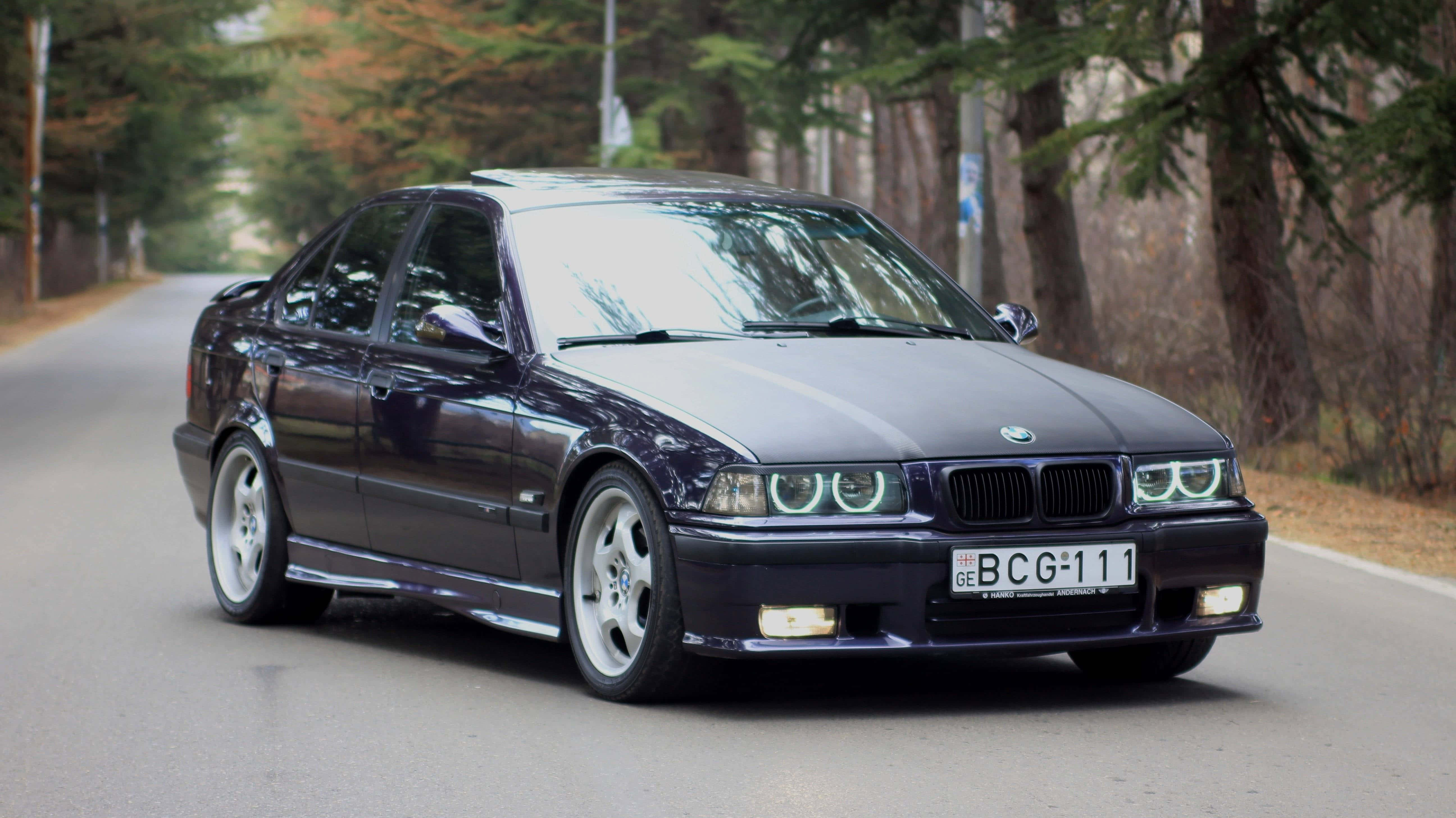 BMW E36, sedan, dark blue, 5K Desktop Wallpaper