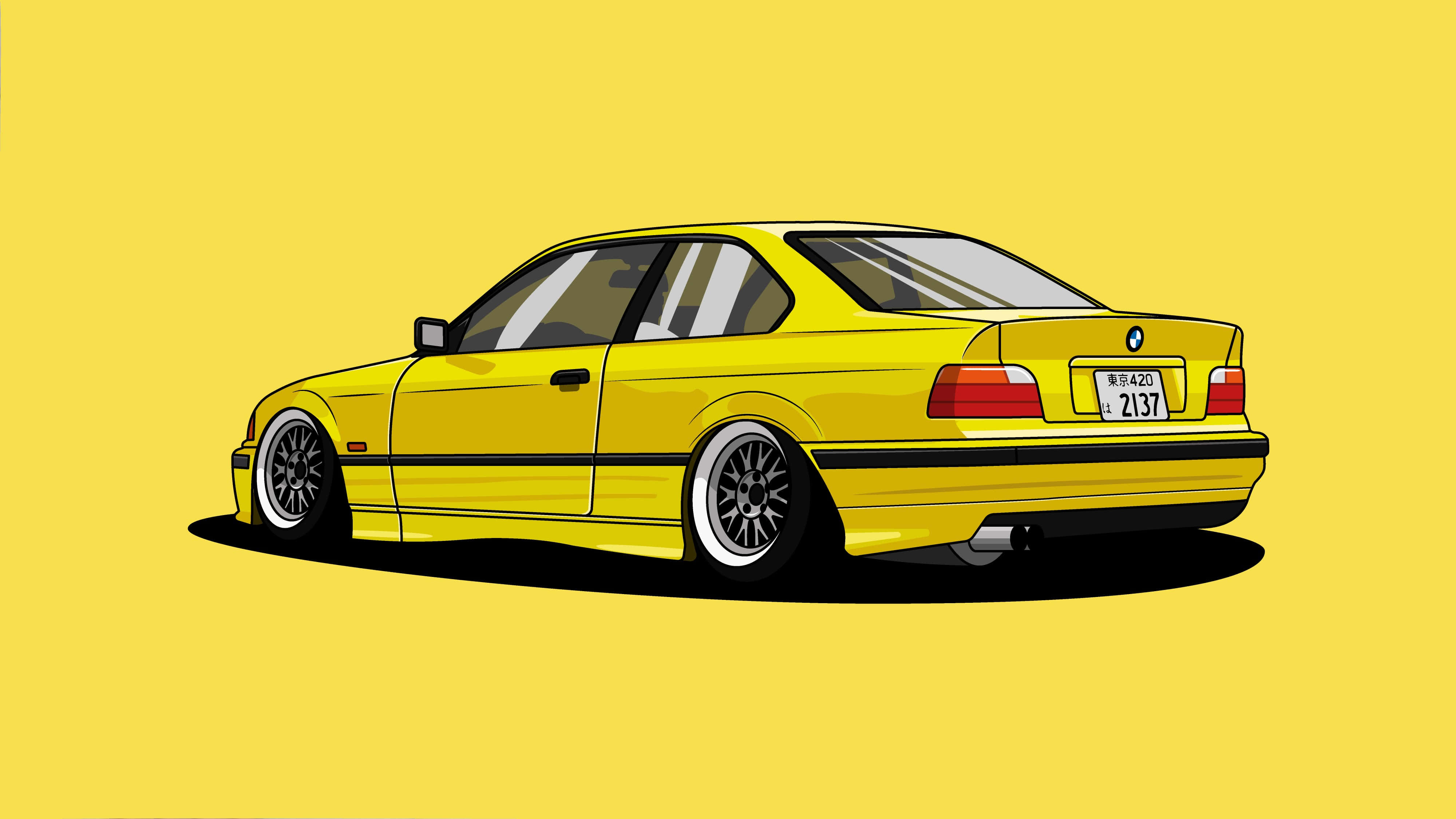 yellow BMW E36, black trim, custom wheels, 4K Desktop Wallpaper