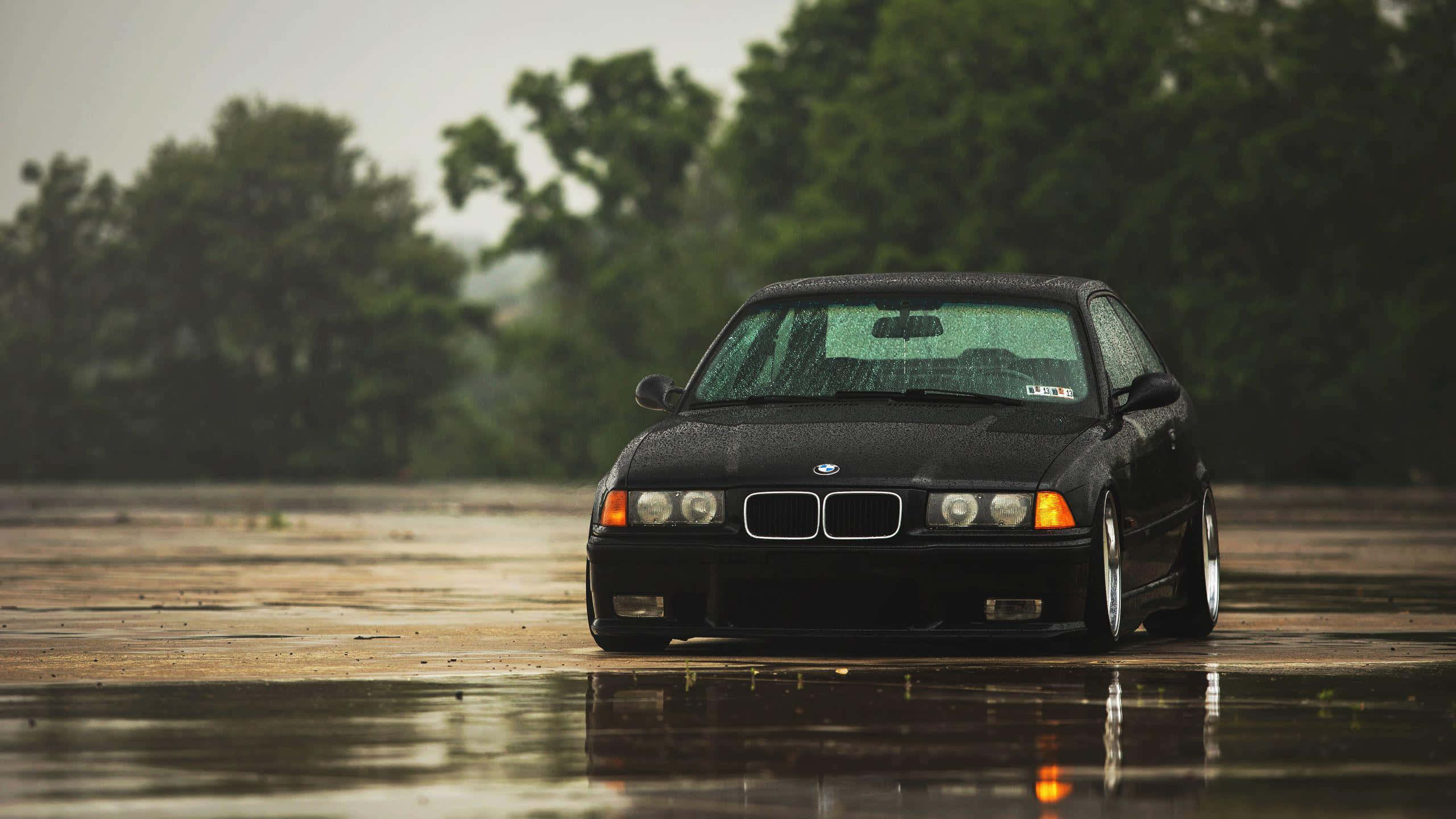 BMW E36, black coupe, rain-slicked asphalt road, 2K Desktop Wallpaper