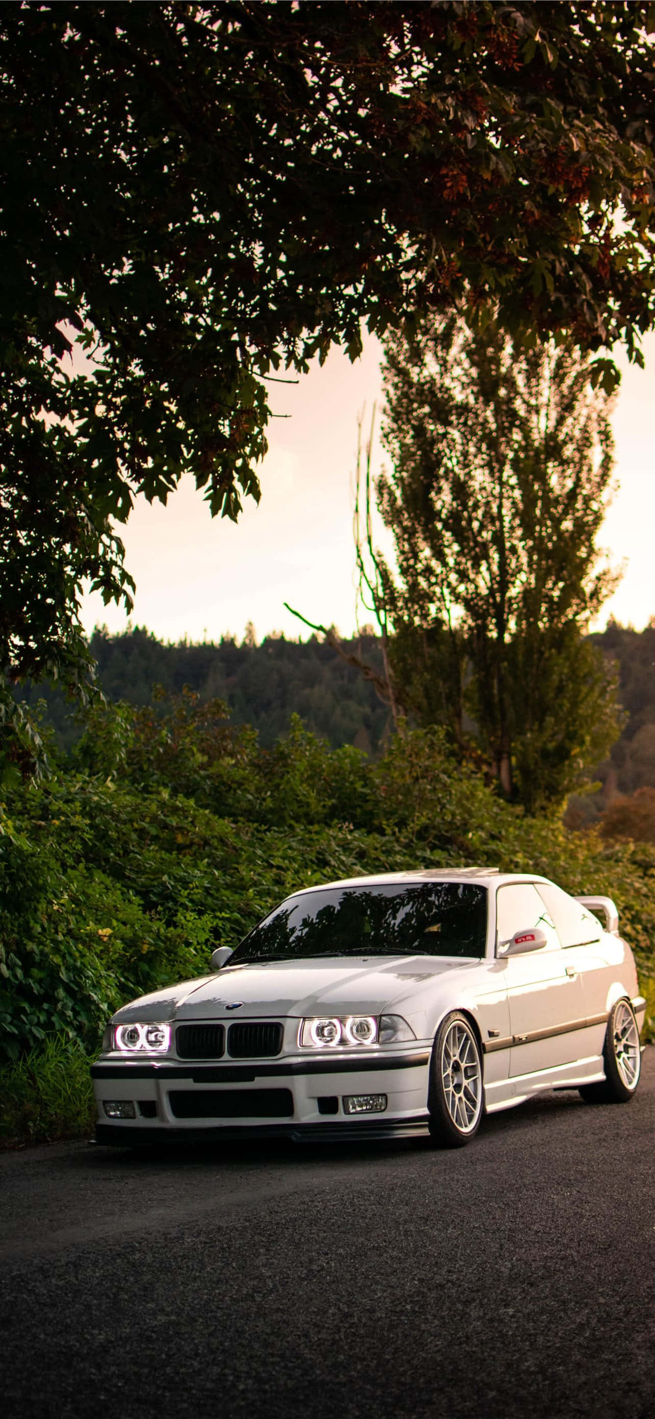 BMW E36, white coupe, dusk, 2K Phone Wallpaper
