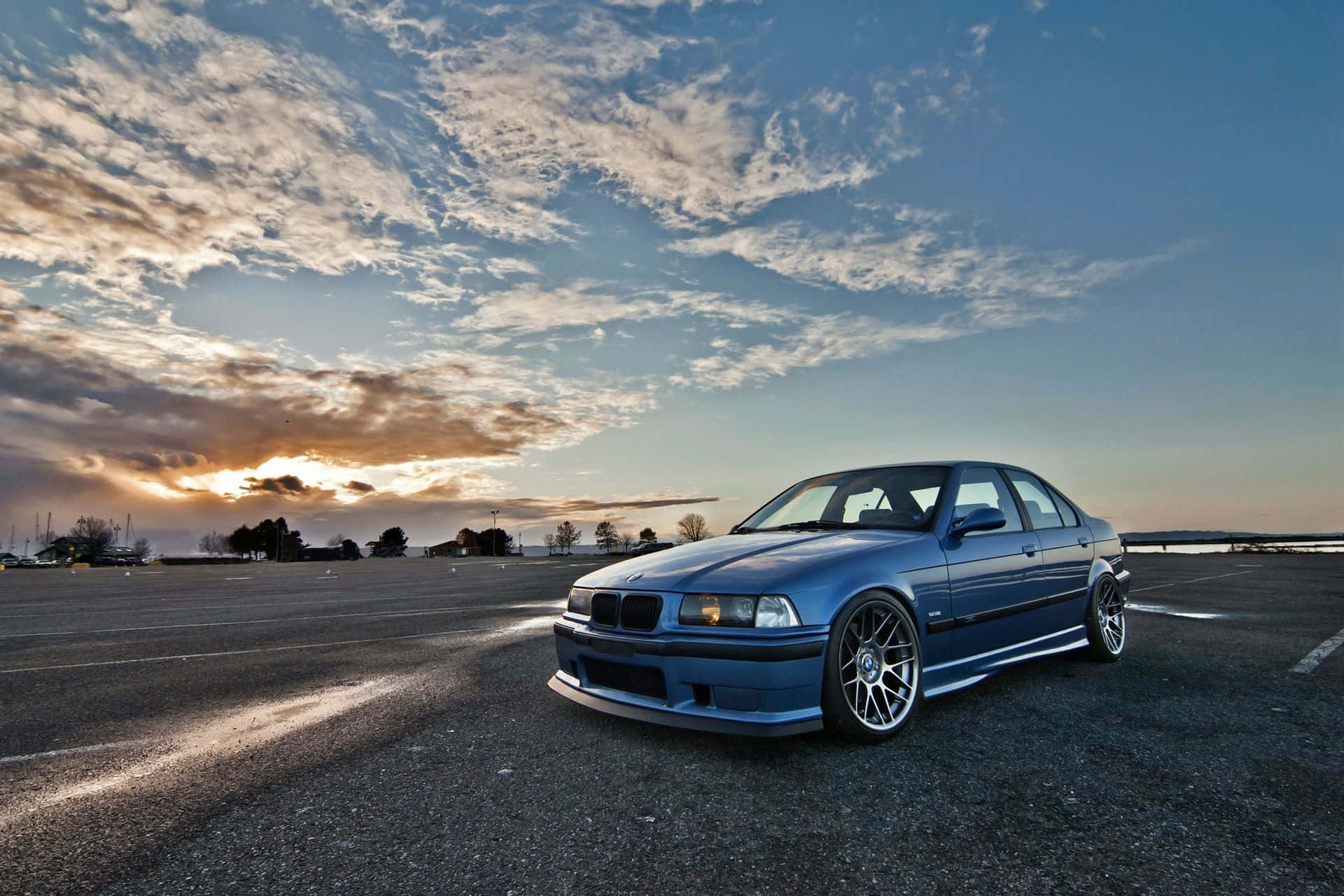 BMW E36, blue coupe, sunset, Full HD Desktop Wallpaper