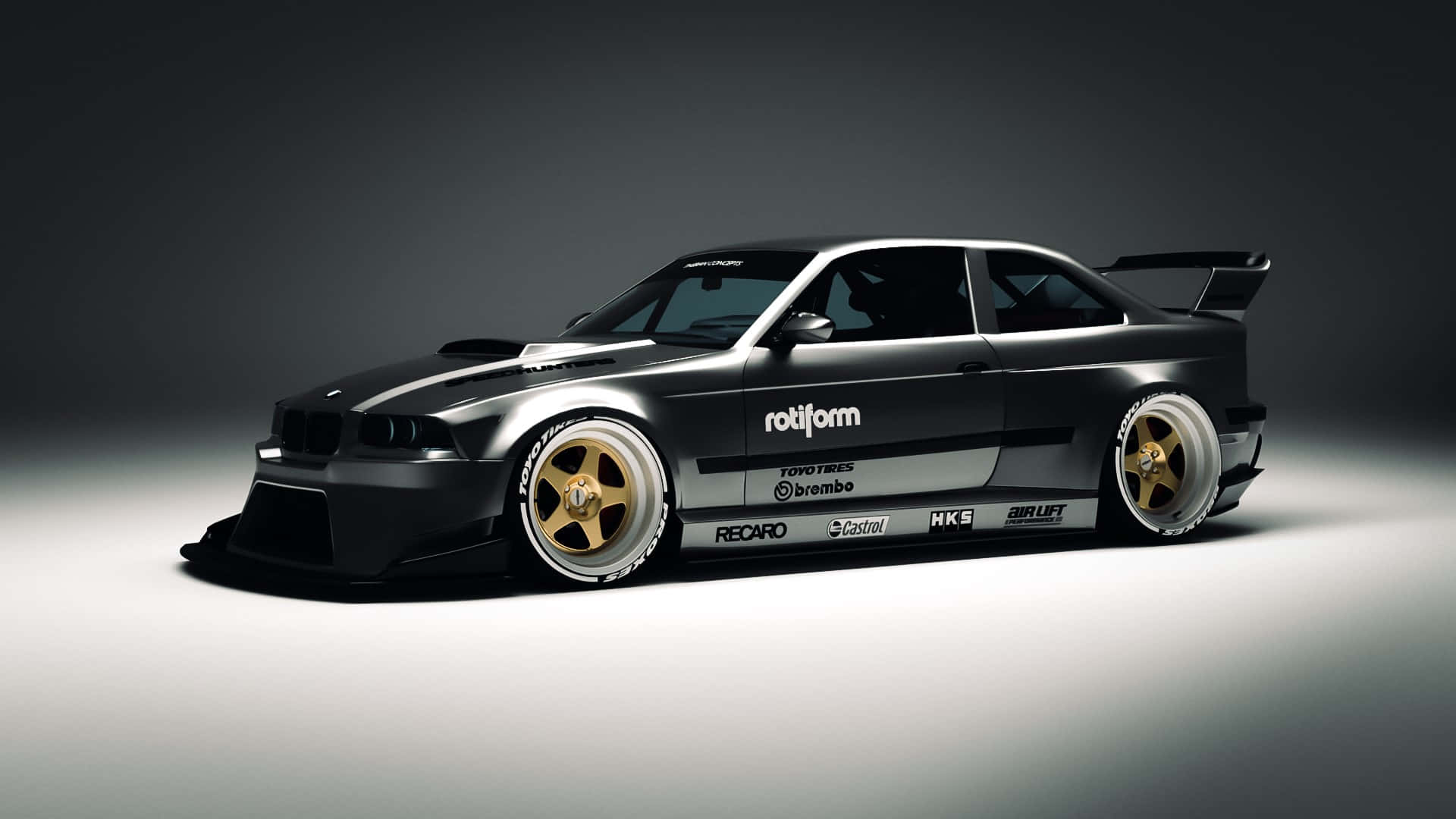 BMW E36, black, gold wheels, Full HD Desktop Wallpaper