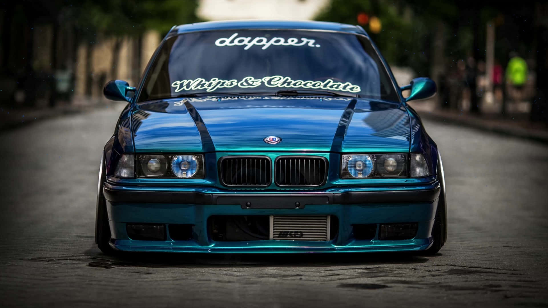 BMW E36, glossy teal, custom 'dapper' and 'Whips & Chocolate' decals, Full HD Desktop Wallpaper