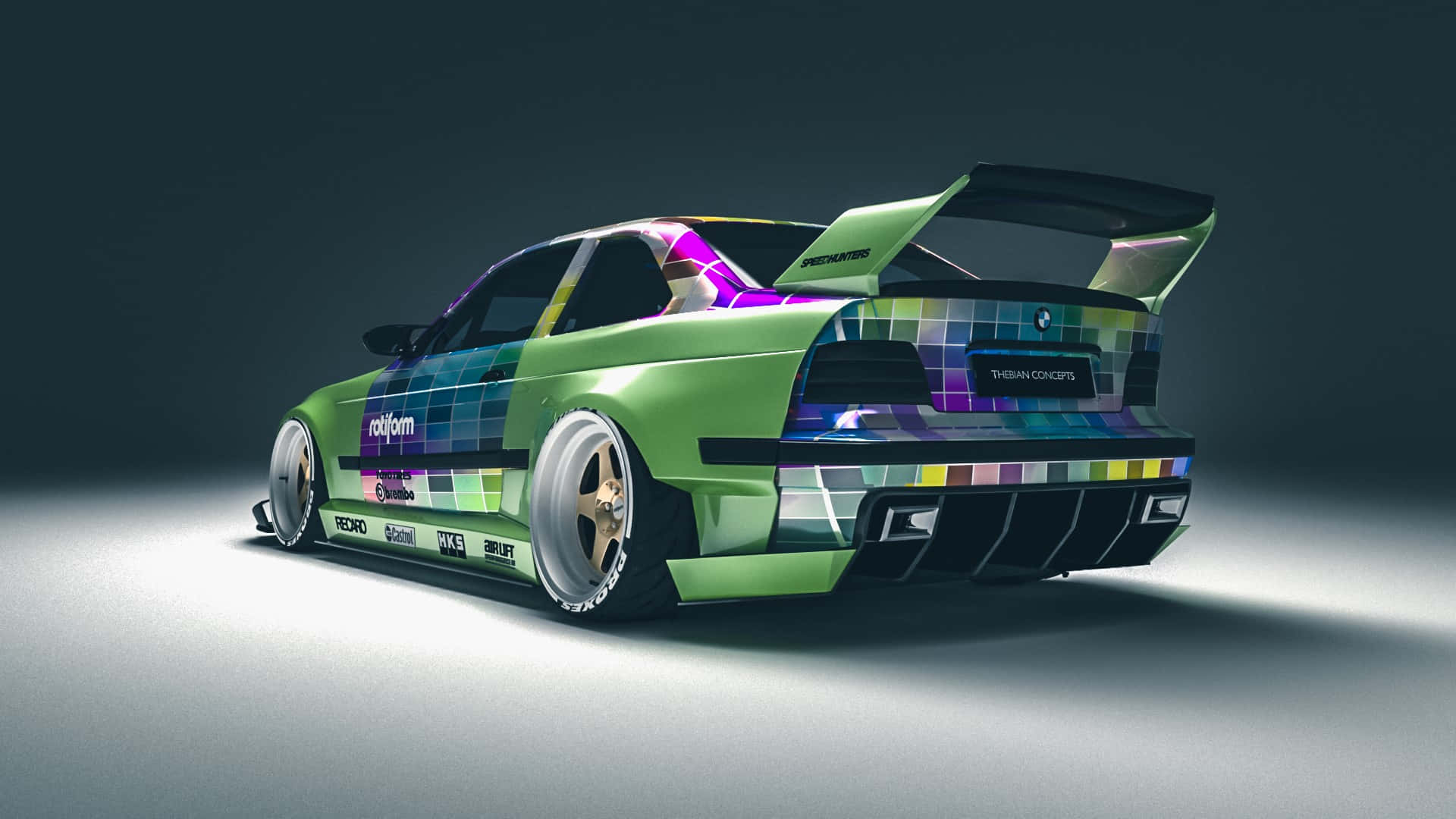 BMW E36, lime green, rainbow pixelated livery, Full HD Desktop Wallpaper