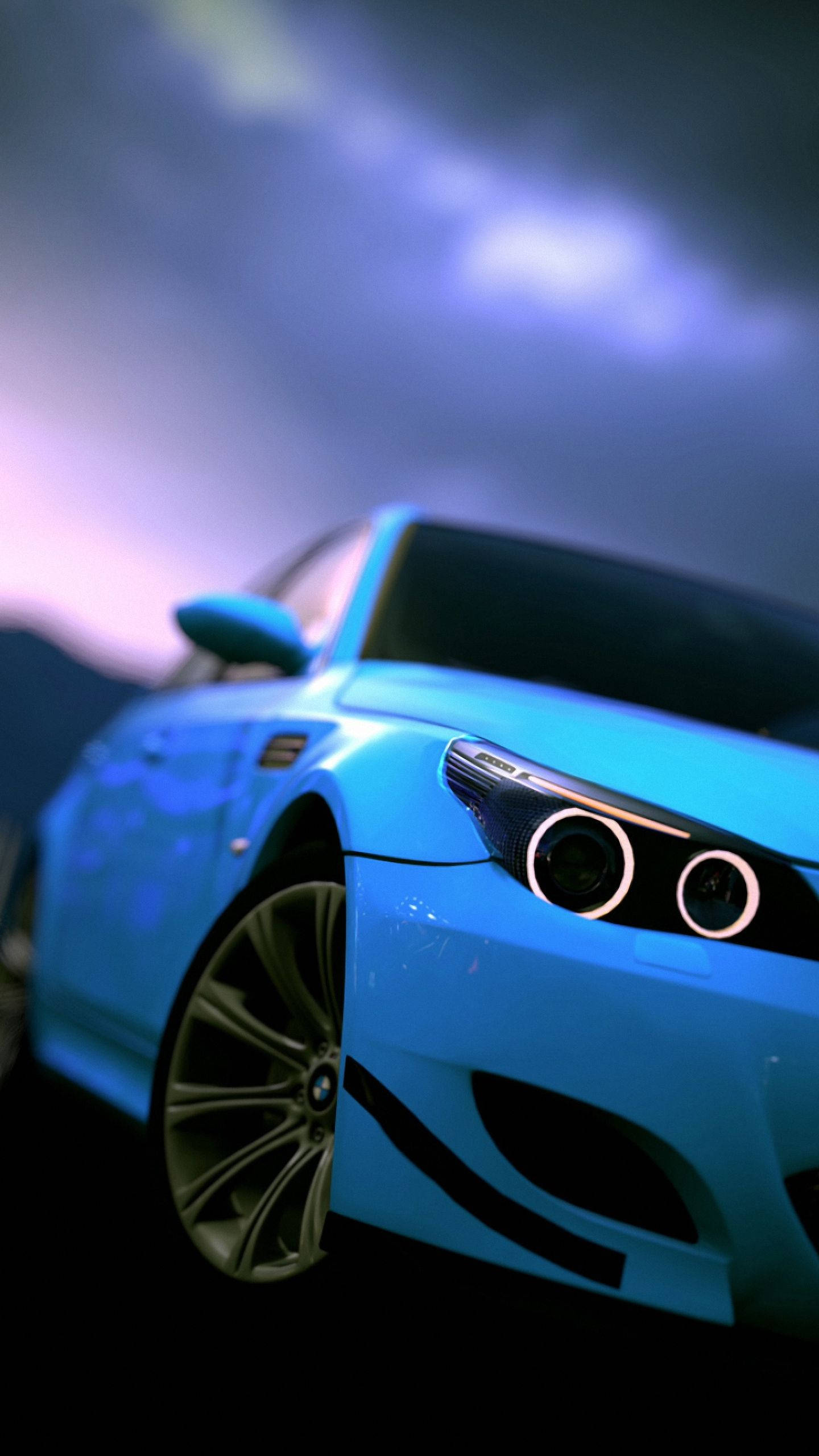 blue BMW, twilight skies, sleek blue sports car, 2K Phone Wallpaper