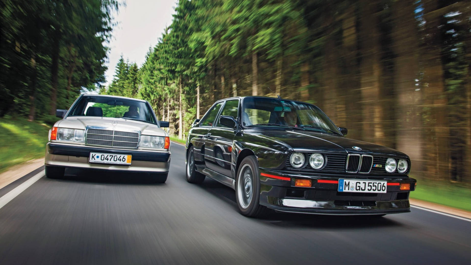 BMW, classic German cars, forest-lined road, Full HD Desktop Wallpaper