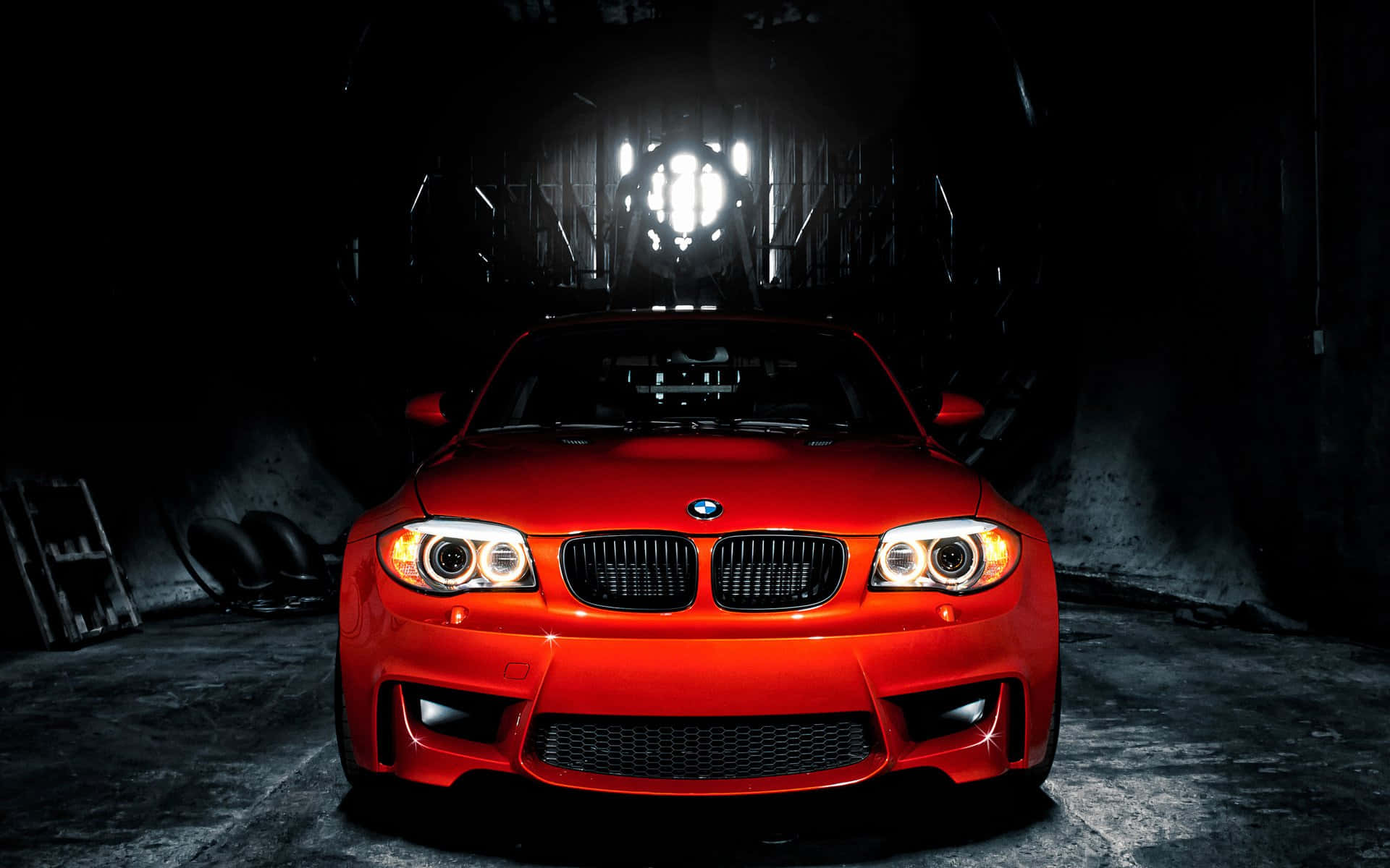 Red BMW 1, dramatic spotlight, dark industrial garage, Full HD Desktop Wallpaper