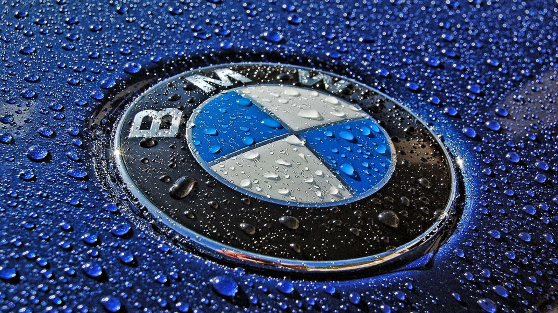 BMW Logo, blue car hood, raindrops, Full HD Desktop Wallpaper
