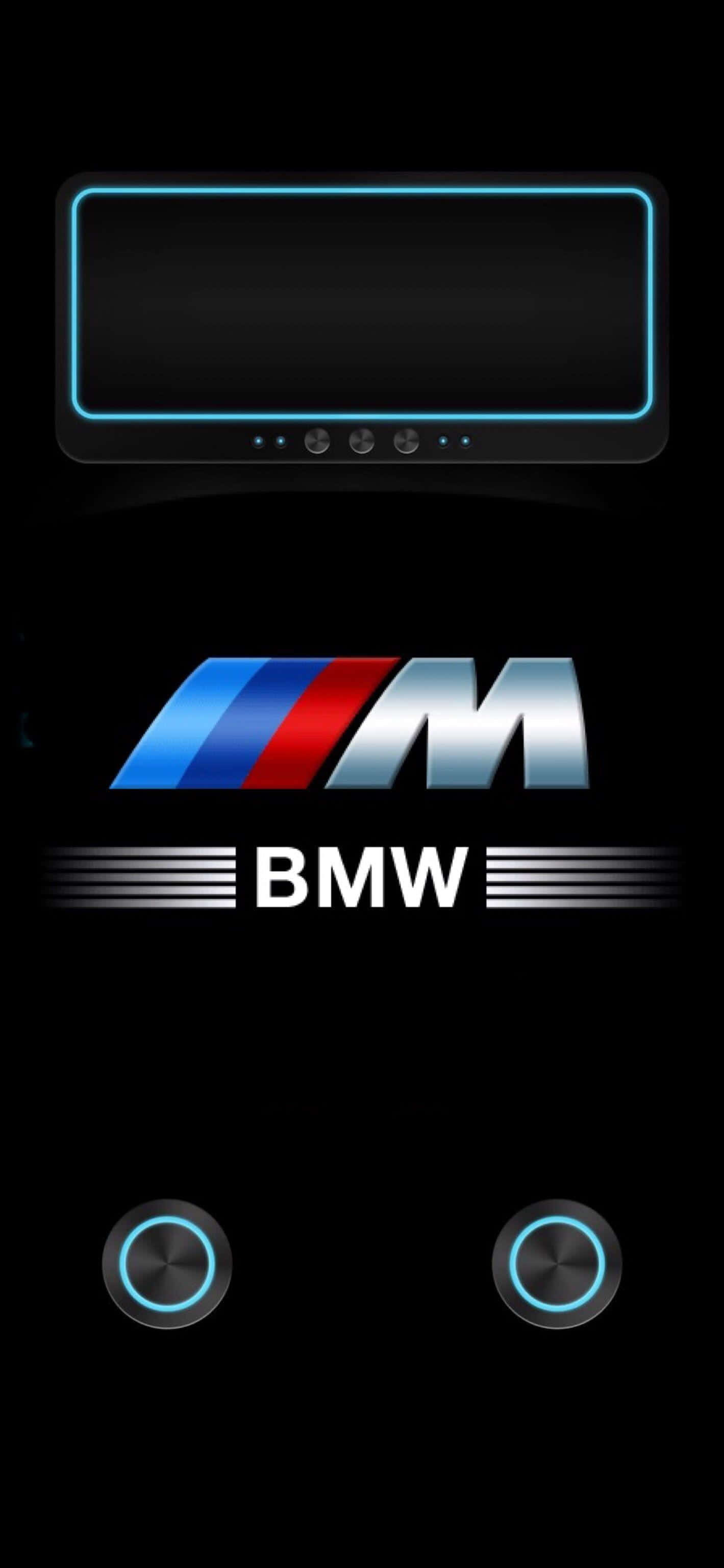 BMW M logo, glowing blue neon outline, car dashboard, 2K Phone Wallpaper