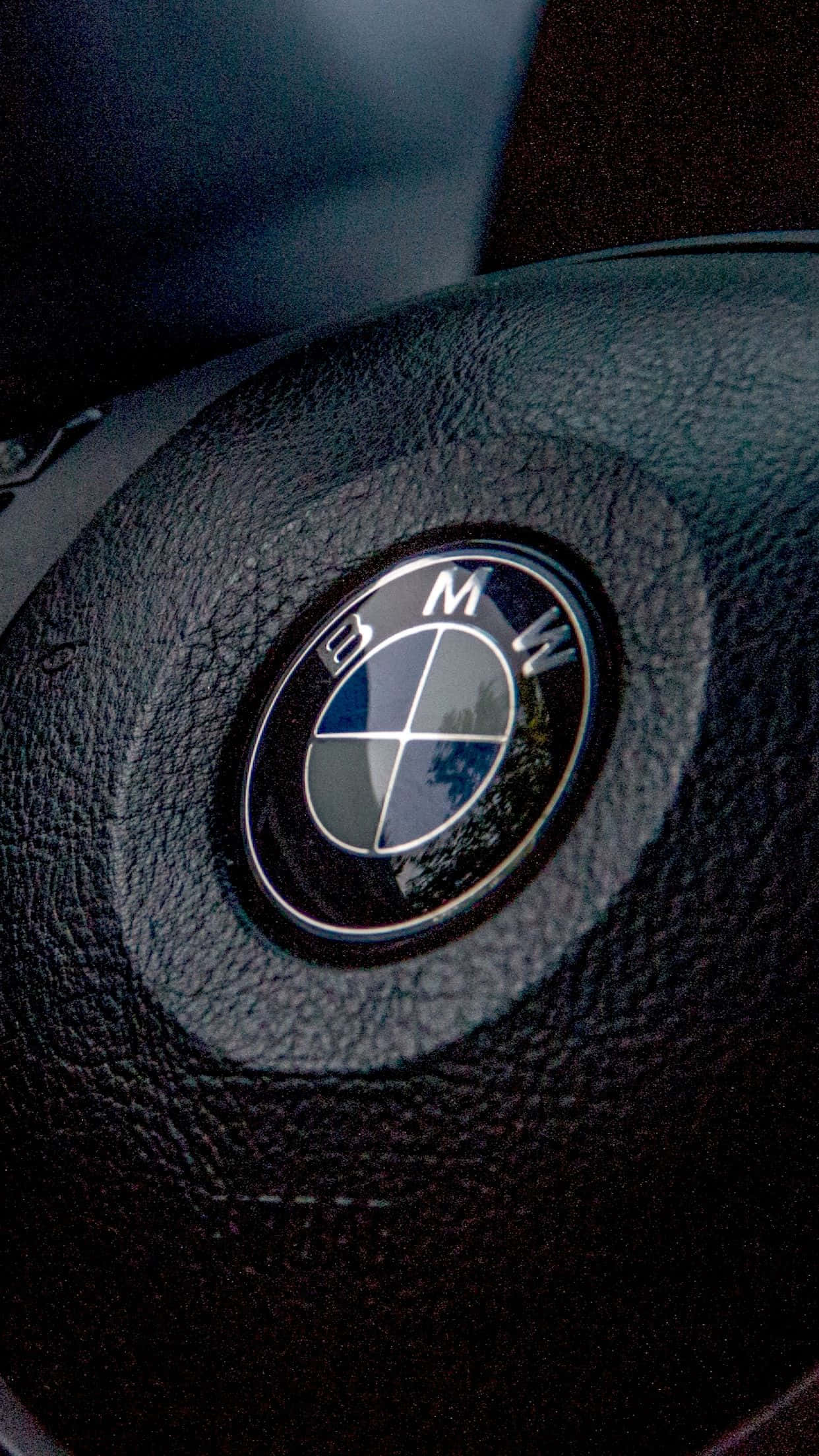 BMW Logo, textured black leather steering wheel, soft ambient lighting, Full HD Phone Wallpaper