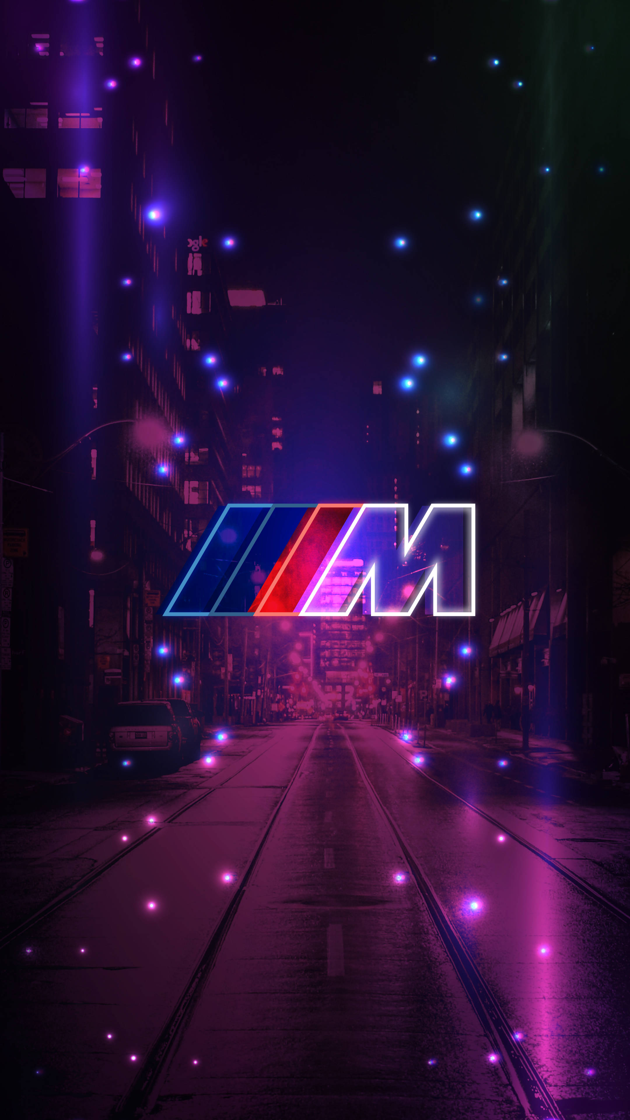 BMW M Logo, neon-lit urban street, wet pavement, 4K Phone Wallpaper