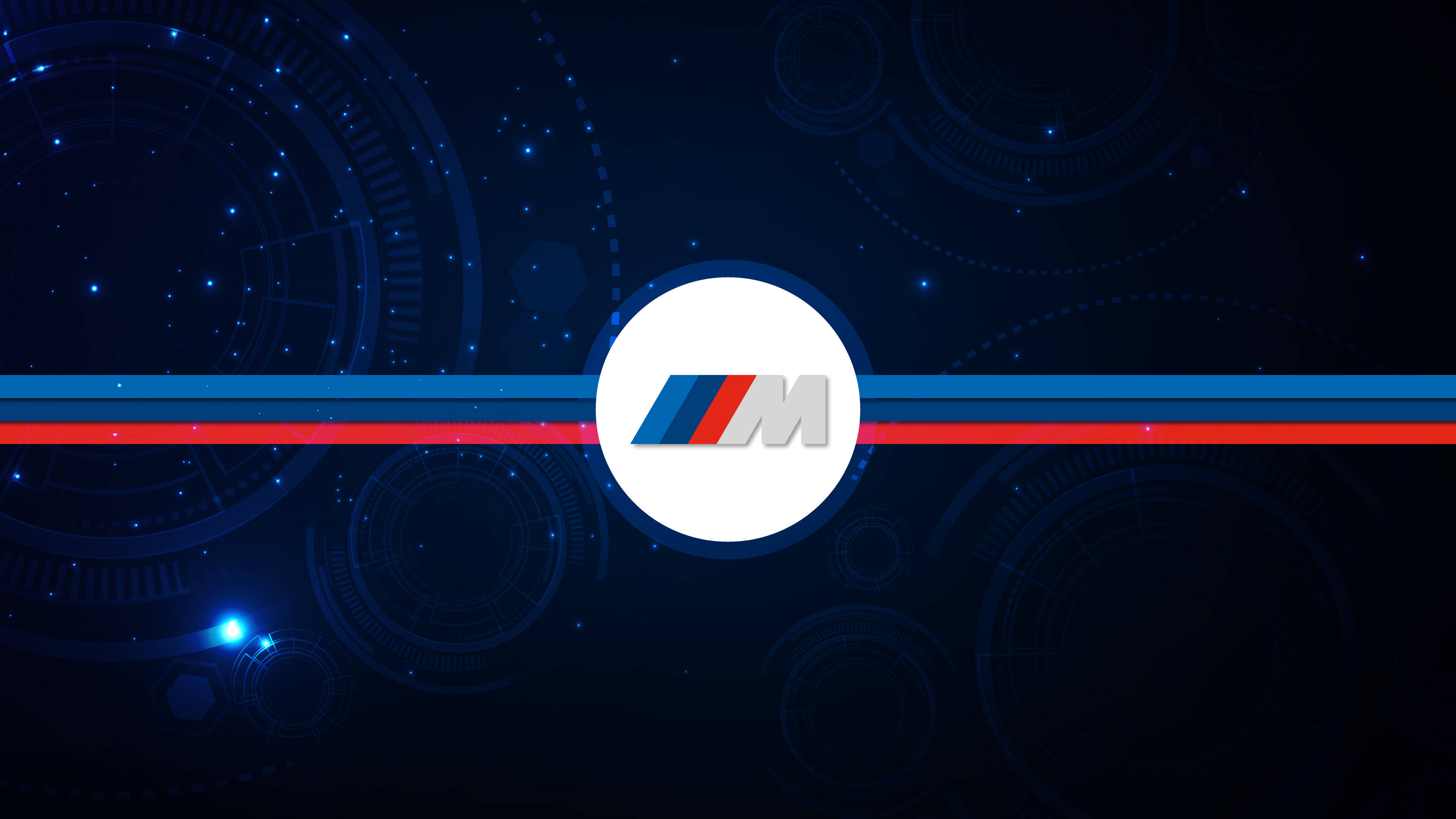 BMW M logo, dark blue digital interface, glowing circular patterns, 4K Desktop Wallpaper