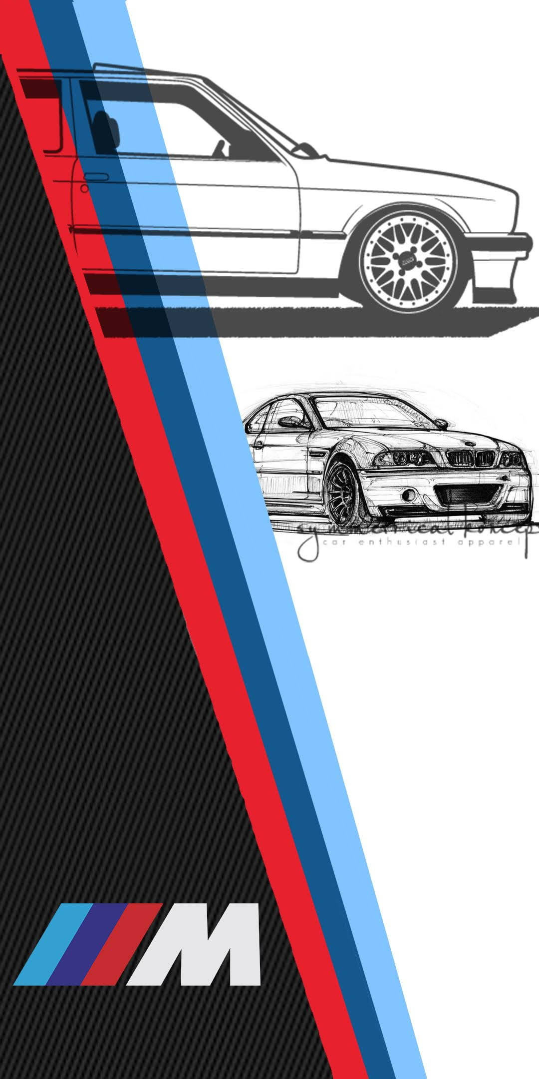 BMW M, black and white sketches, diagonal carbon fiber background, Full HD Phone Wallpaper