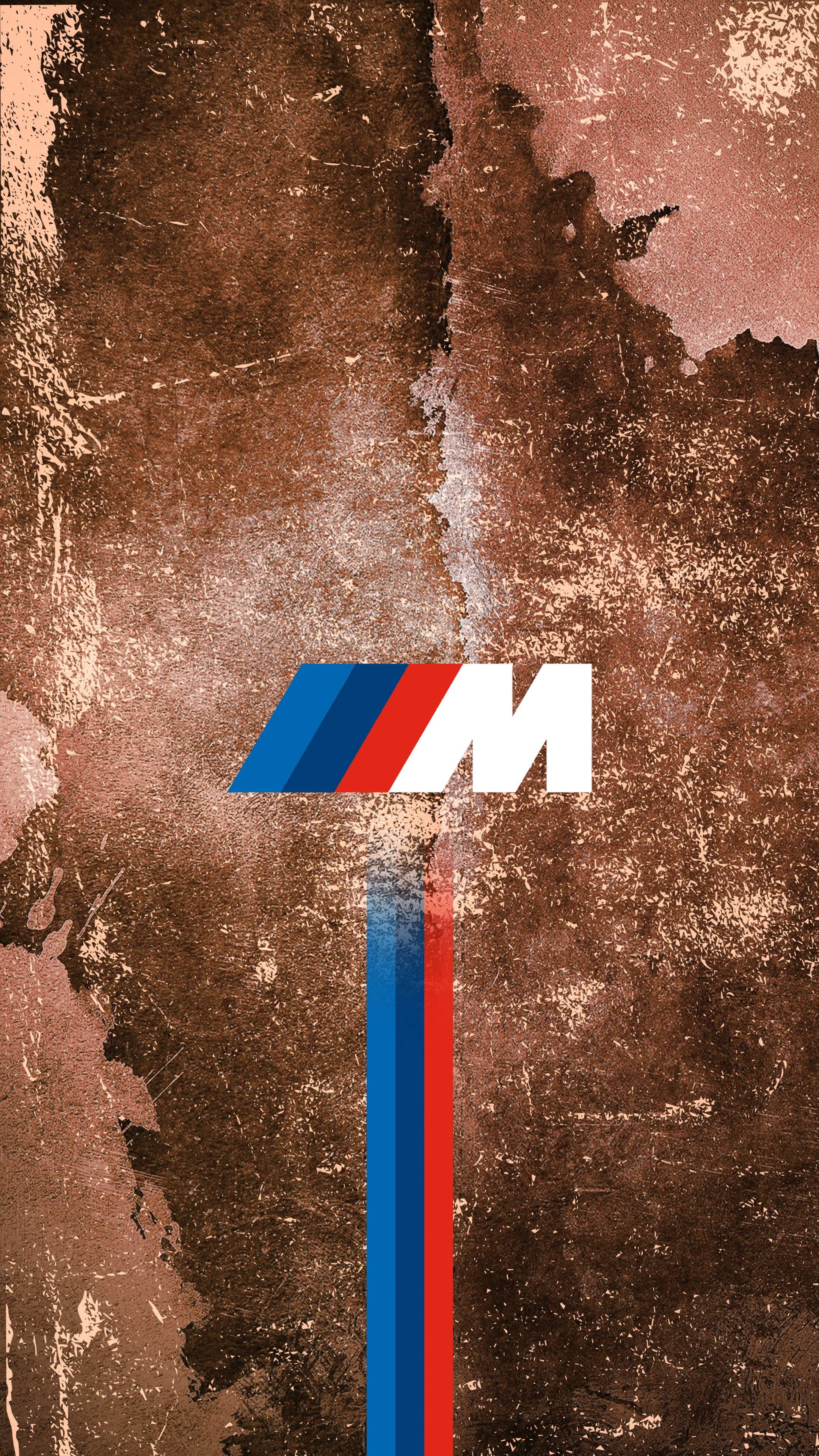 BMW M Logo, blue red and white stripes, weathered brown textured background, 4K Phone Wallpaper