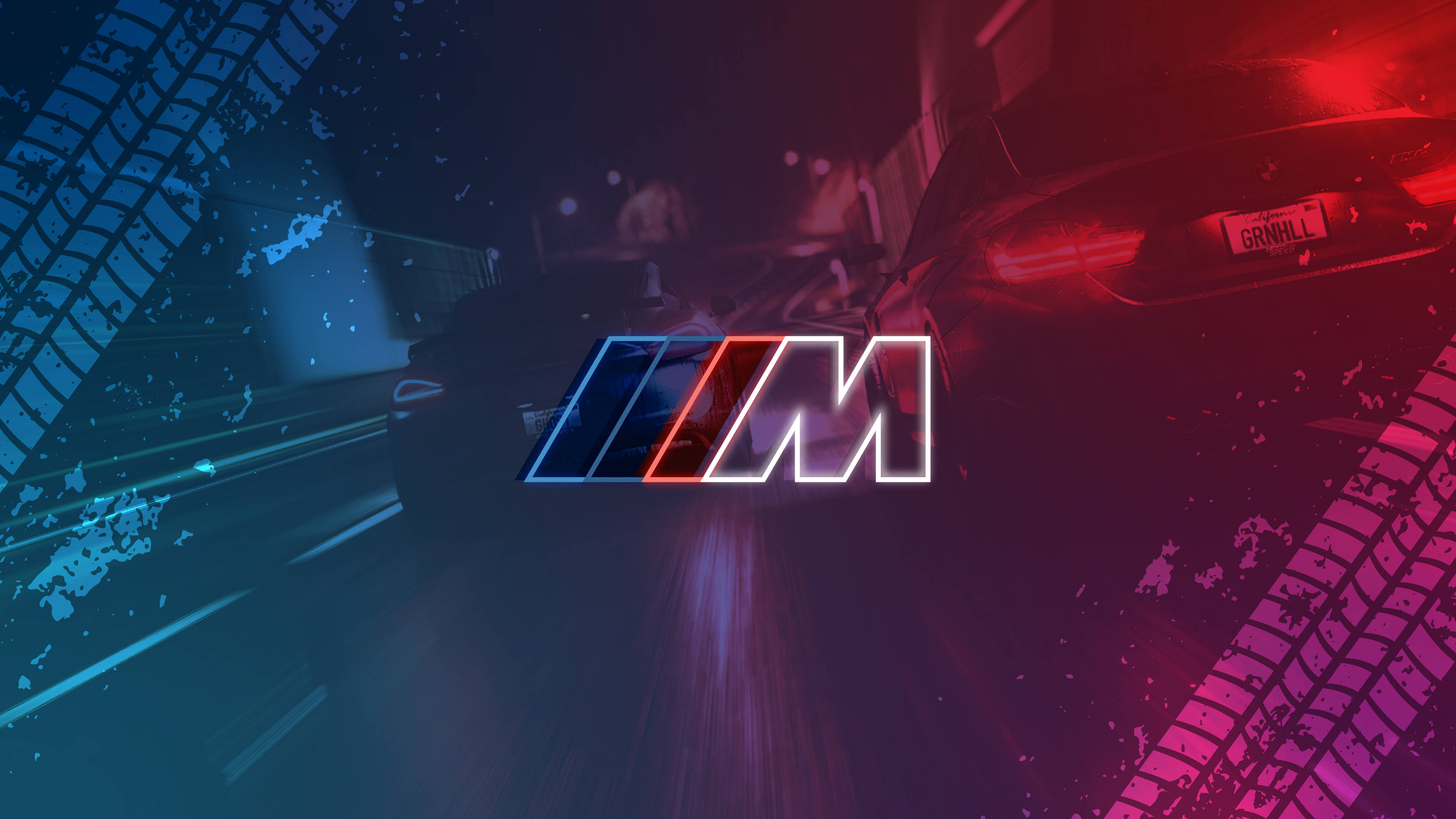 BMW M Logo, blue neon streaks, red neon streaks, 4K Desktop Wallpaper