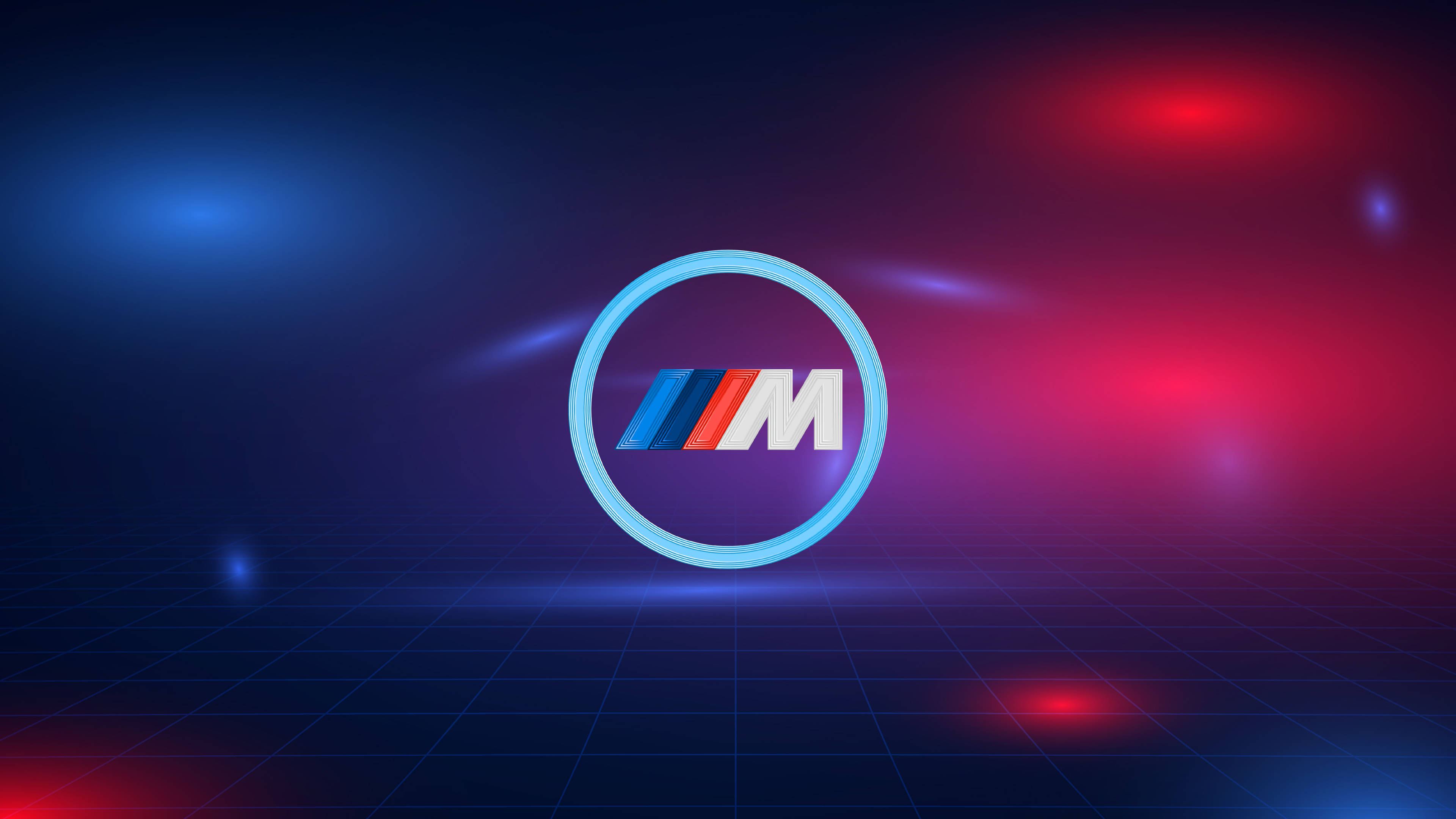 BMW M Logo, blue neon lights, red neon lights, 4K Desktop Wallpaper