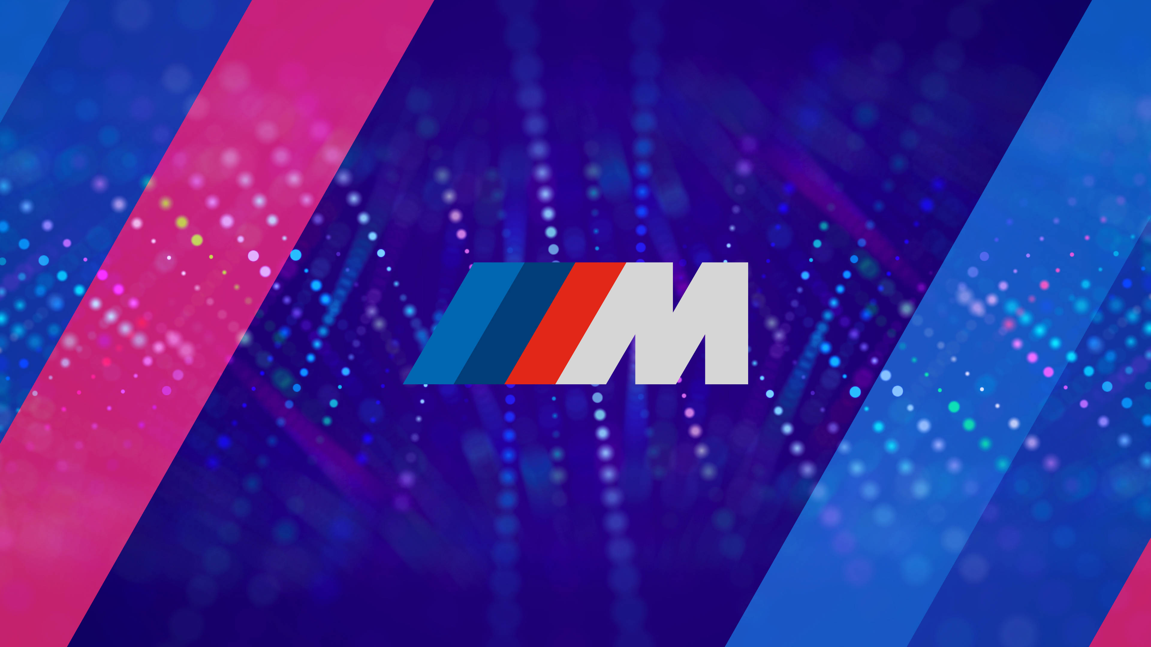 BMW M Logo, white, diagonal pink blue and purple light streaks, 4K Desktop Wallpaper