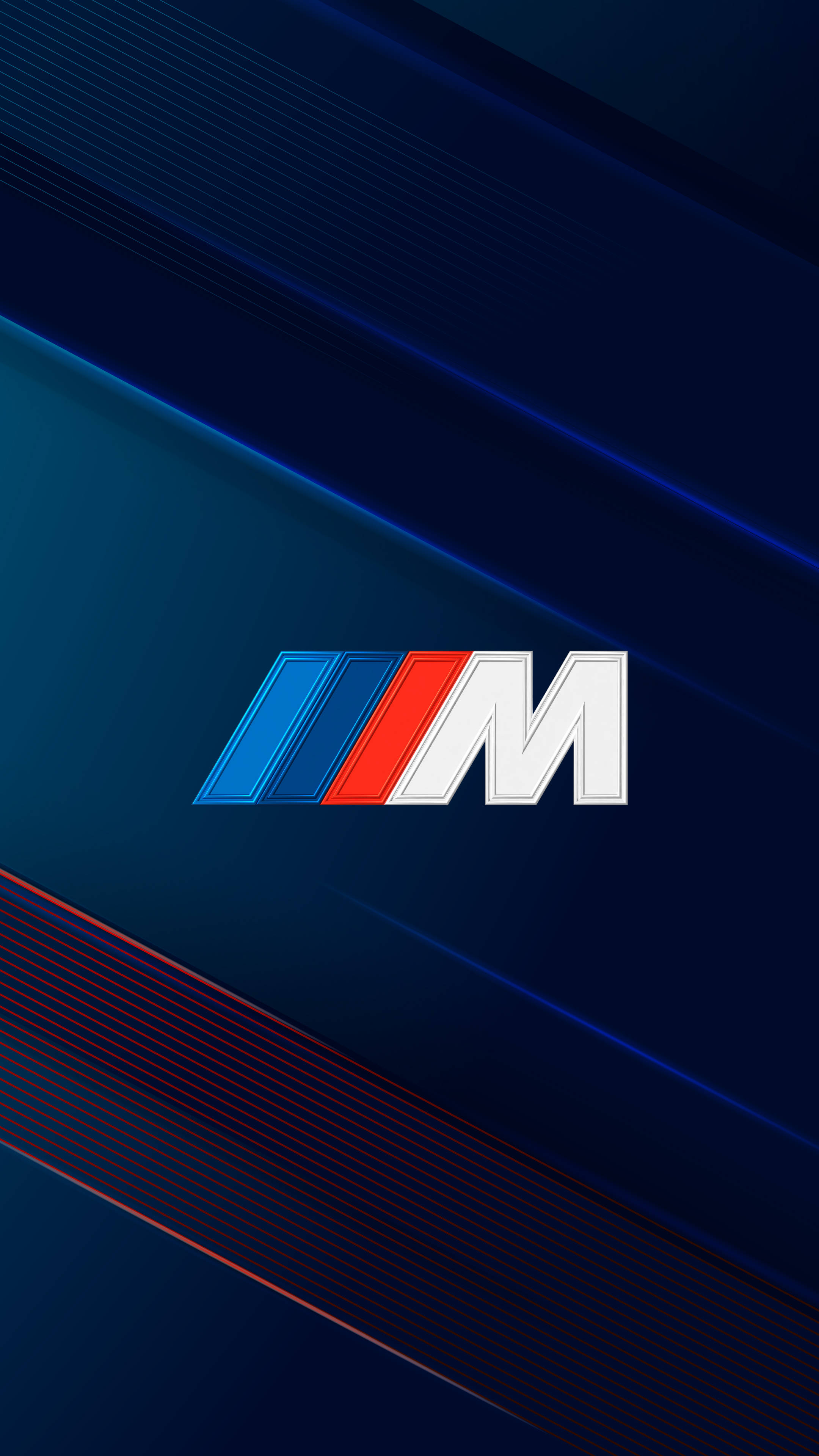 BMW M Logo, dark blue background, glowing red and blue diagonal streaks, 4K Phone Wallpaper