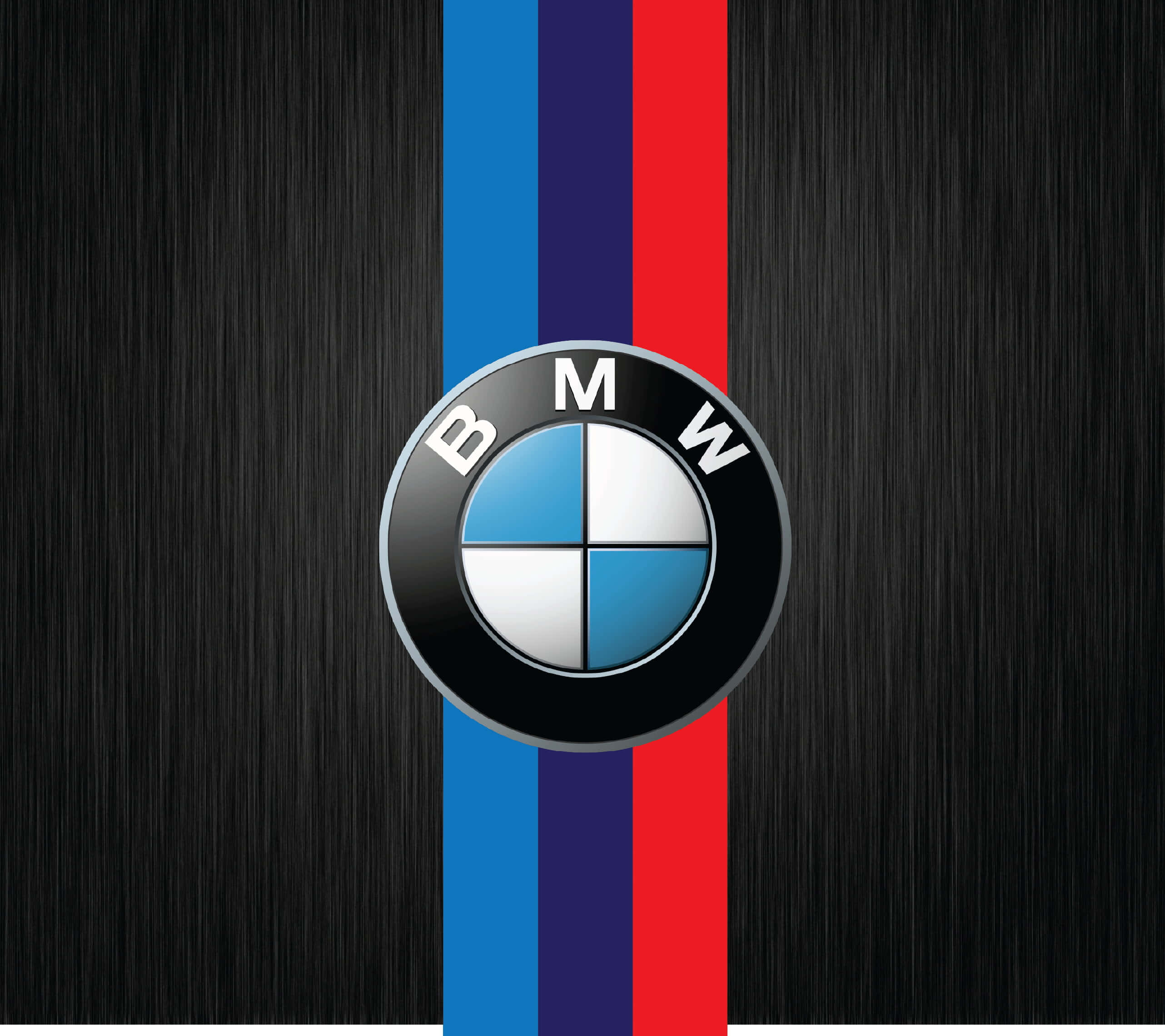 BMW Logo, black brushed metal, blue purple and red racing stripes, 2K Desktop Wallpaper