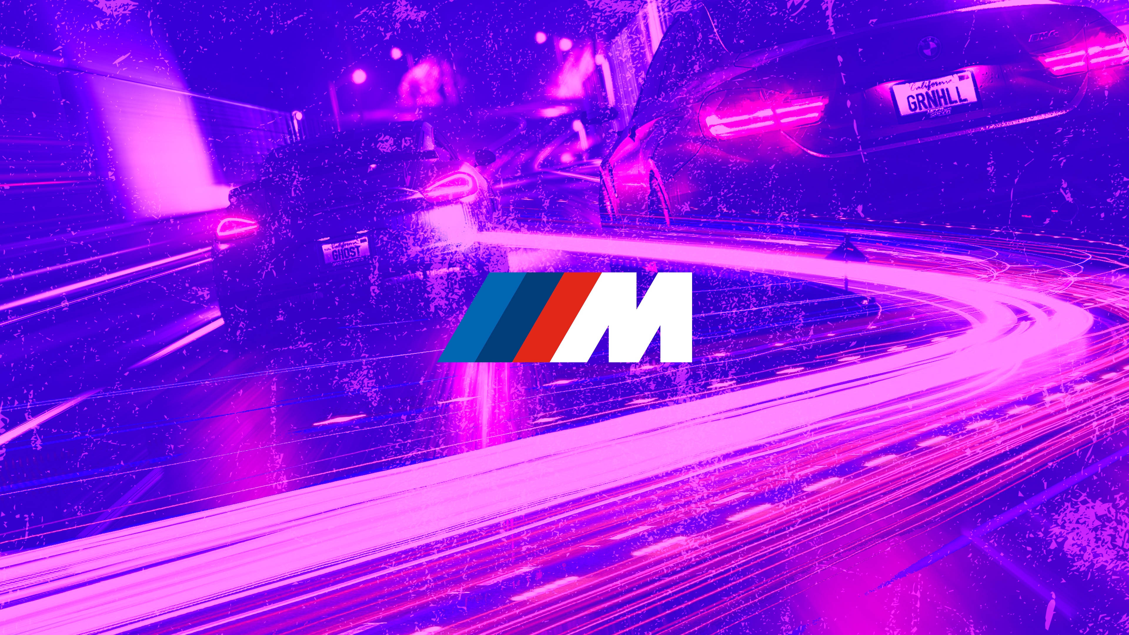BMW M Logo, neon violet, nighttime city street, 4K Desktop Wallpaper