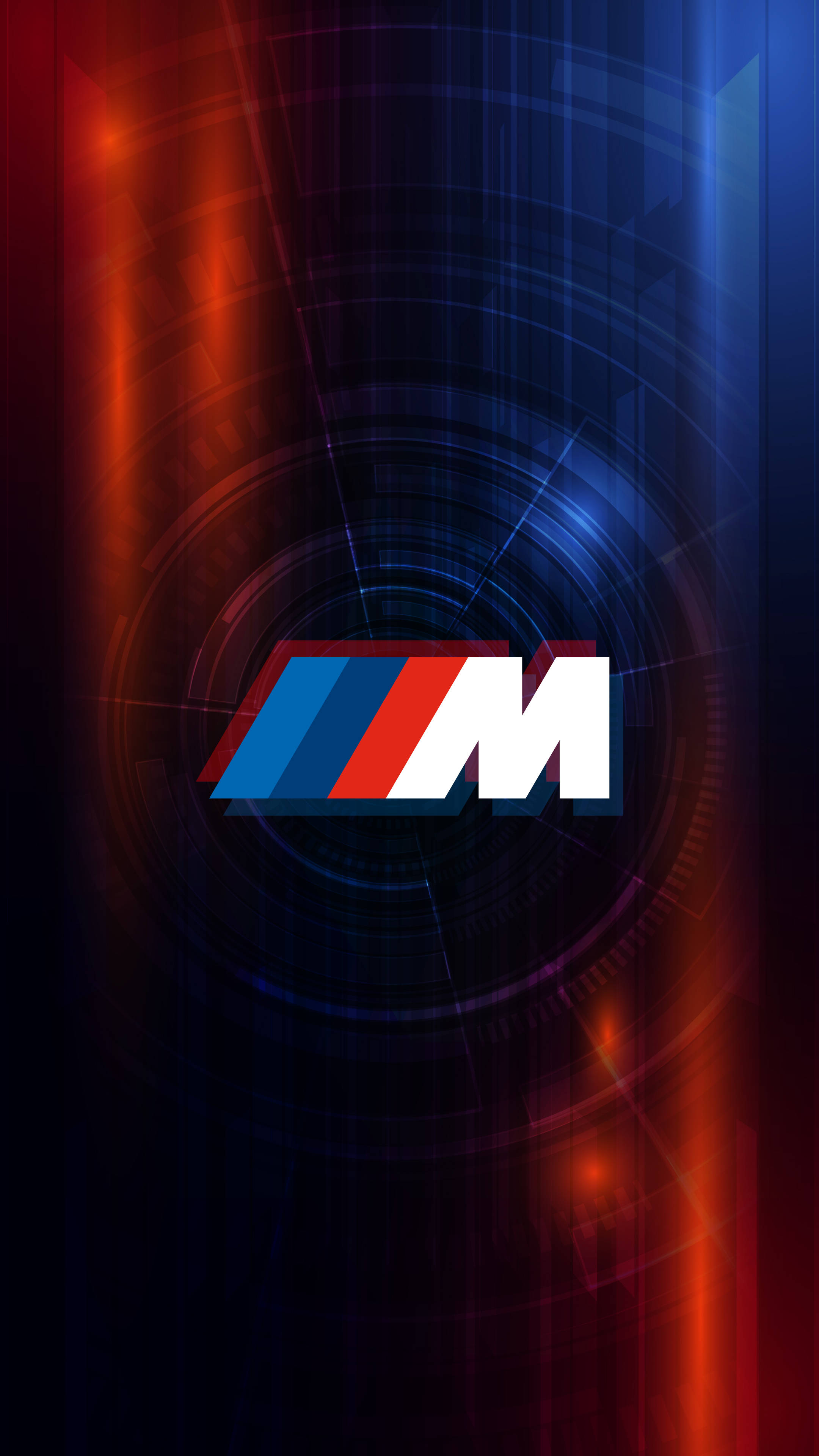 BMW M Logo, glowing red and blue radial light streaks, concentric circles, 4K Phone Wallpaper