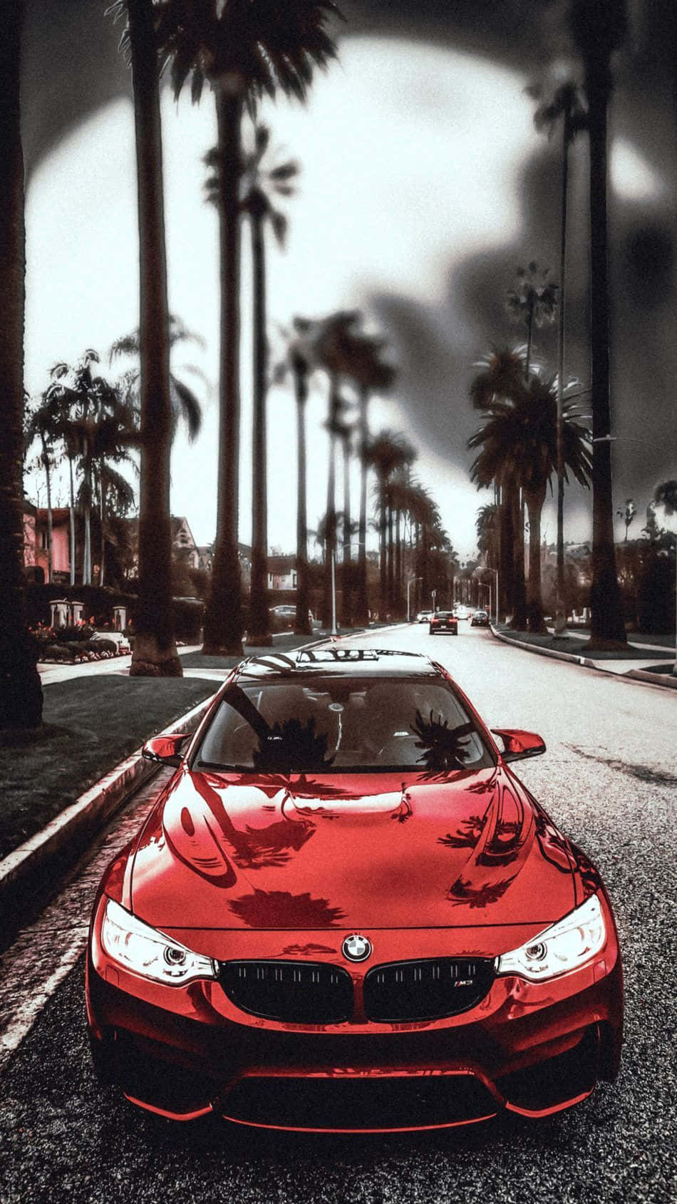 BMW M, glossy red, palm-lined street, HD Phone Wallpaper
