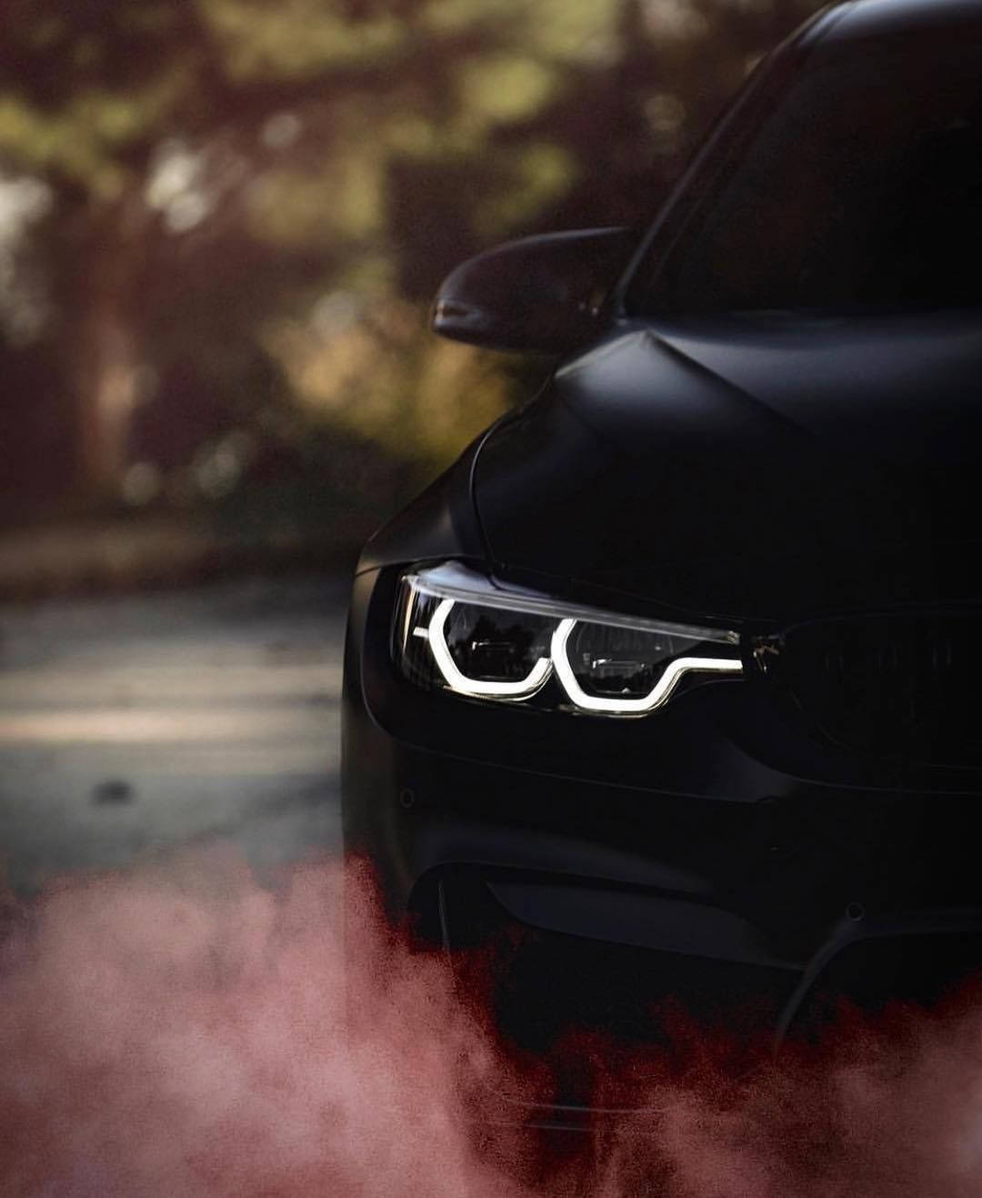 Black BMW M, matte black, glowing headlights, HD Phone Wallpaper