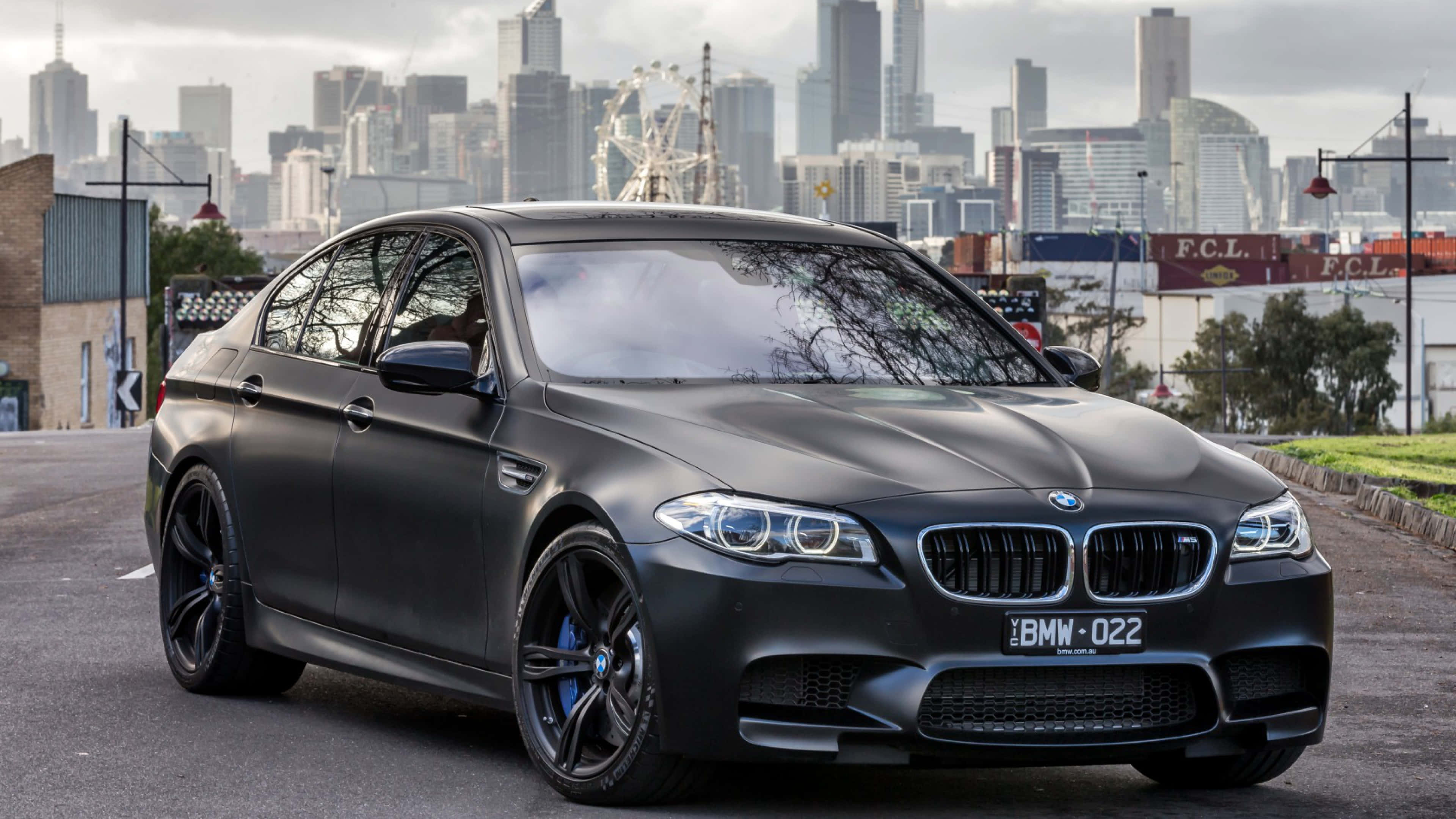 BMW M5, matte black, city street, 4K Desktop Wallpaper