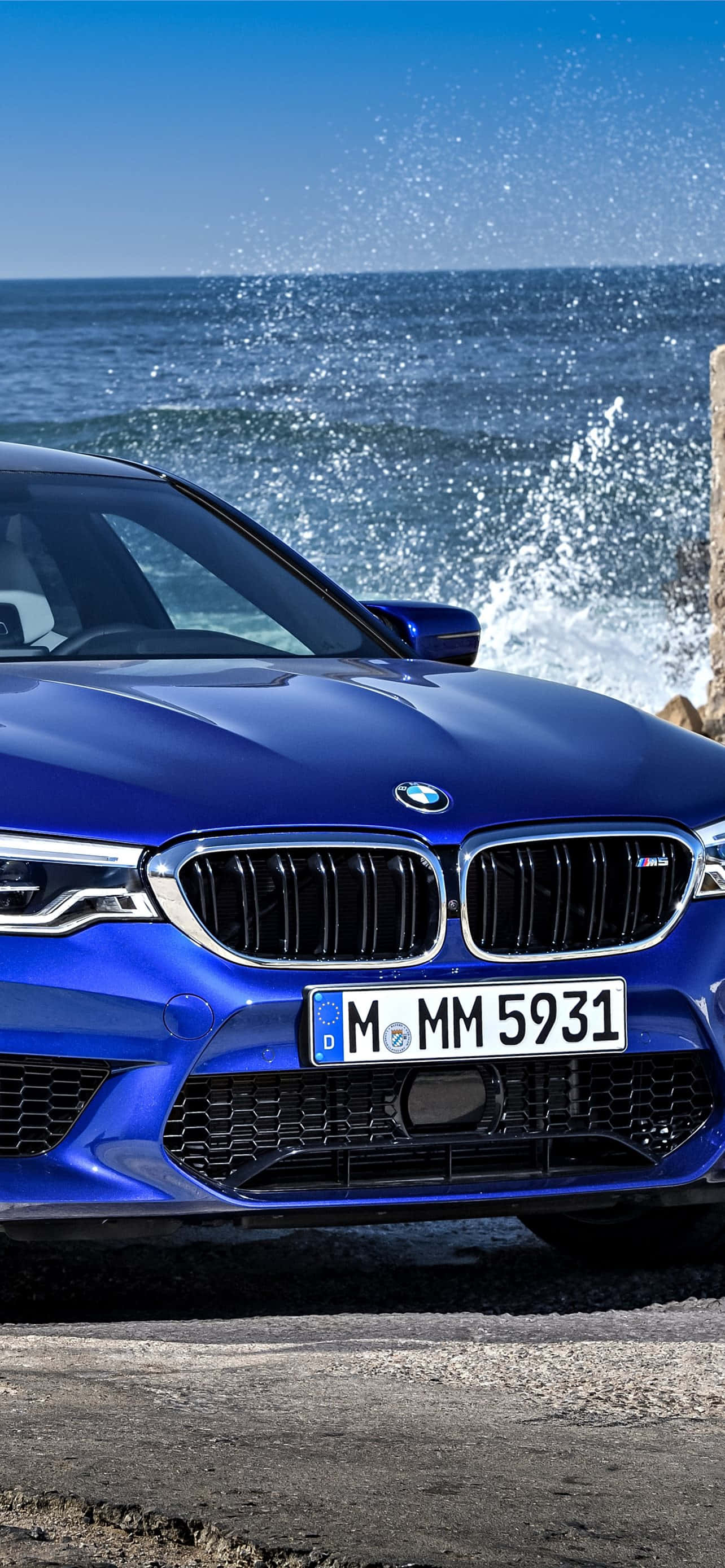 BMW M5, glossy blue, ocean, 2K Phone Wallpaper