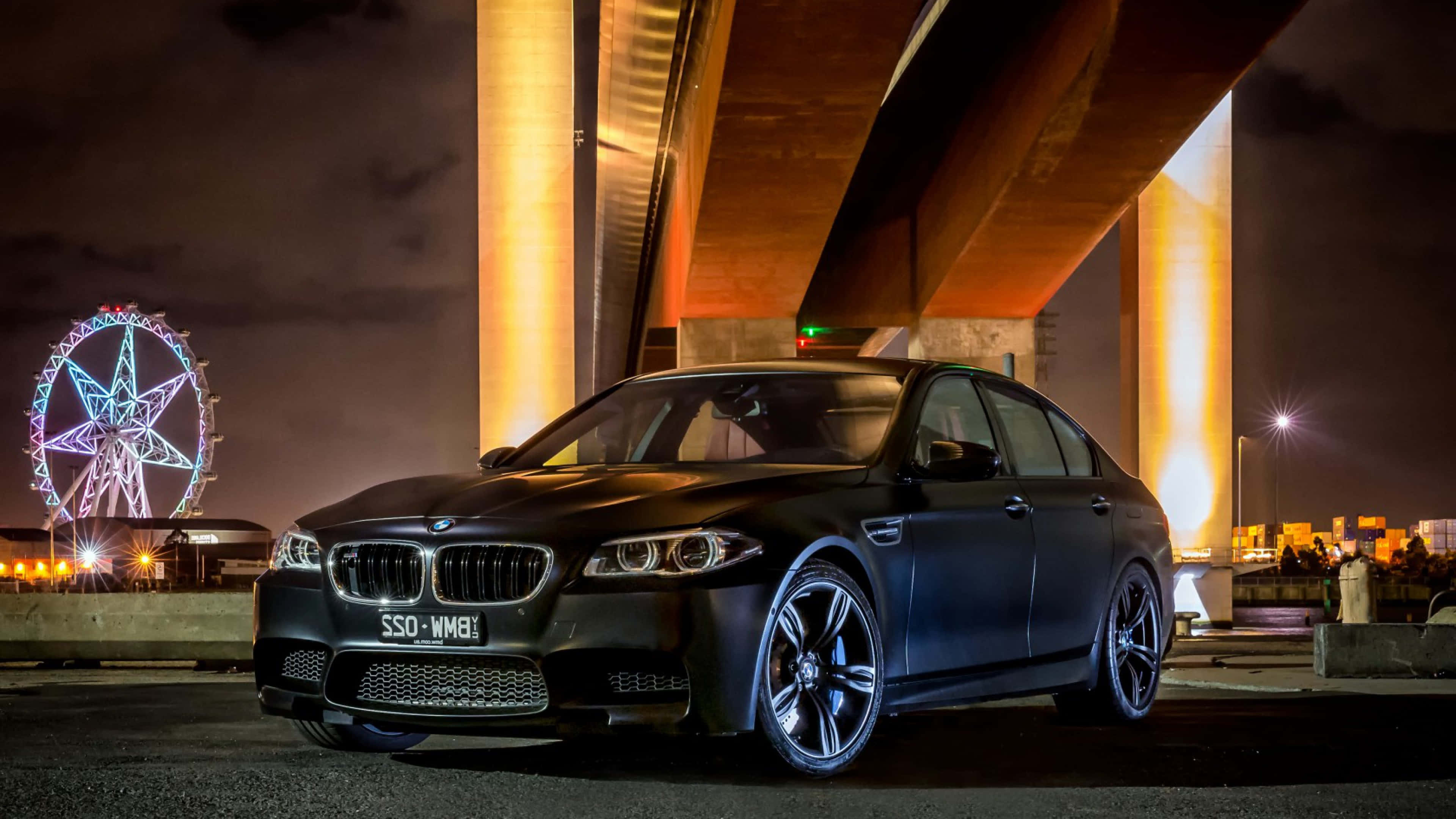 BMW M5, matte black, glowing bridge, 4K Desktop Wallpaper