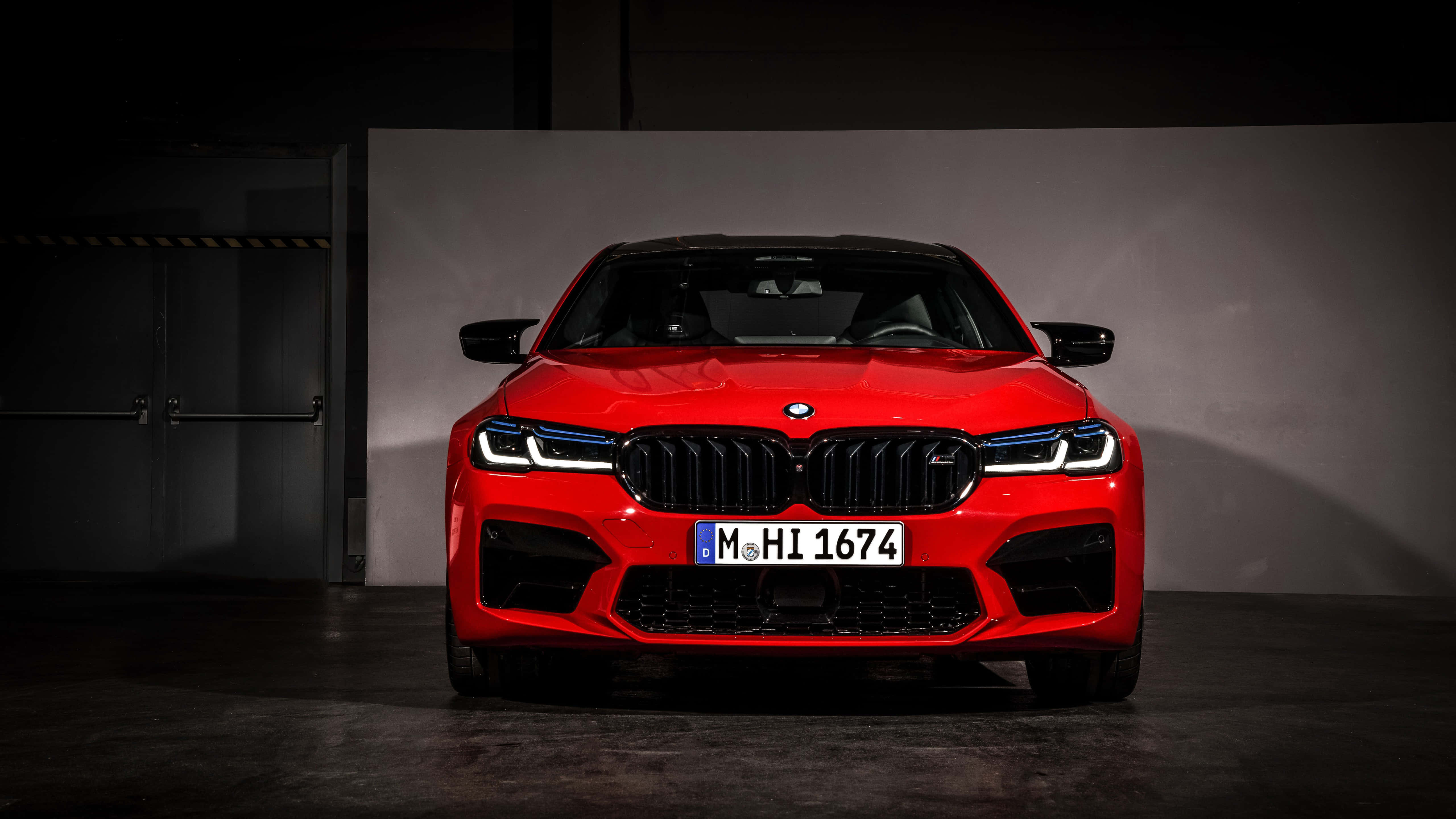 BMW M5, red, dark industrial garage, 5K Desktop Wallpaper