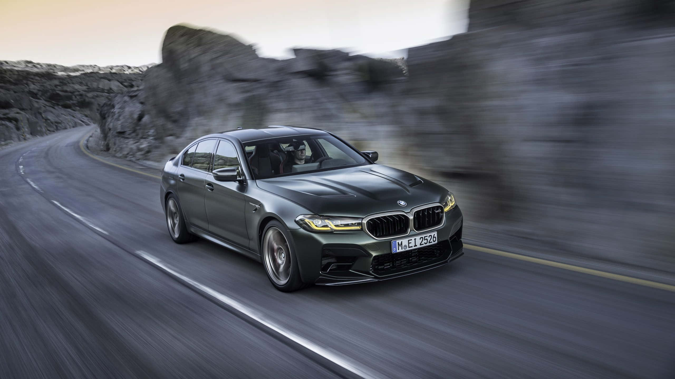 BMW M5, matte gray, winding mountain road, 2K Desktop Wallpaper