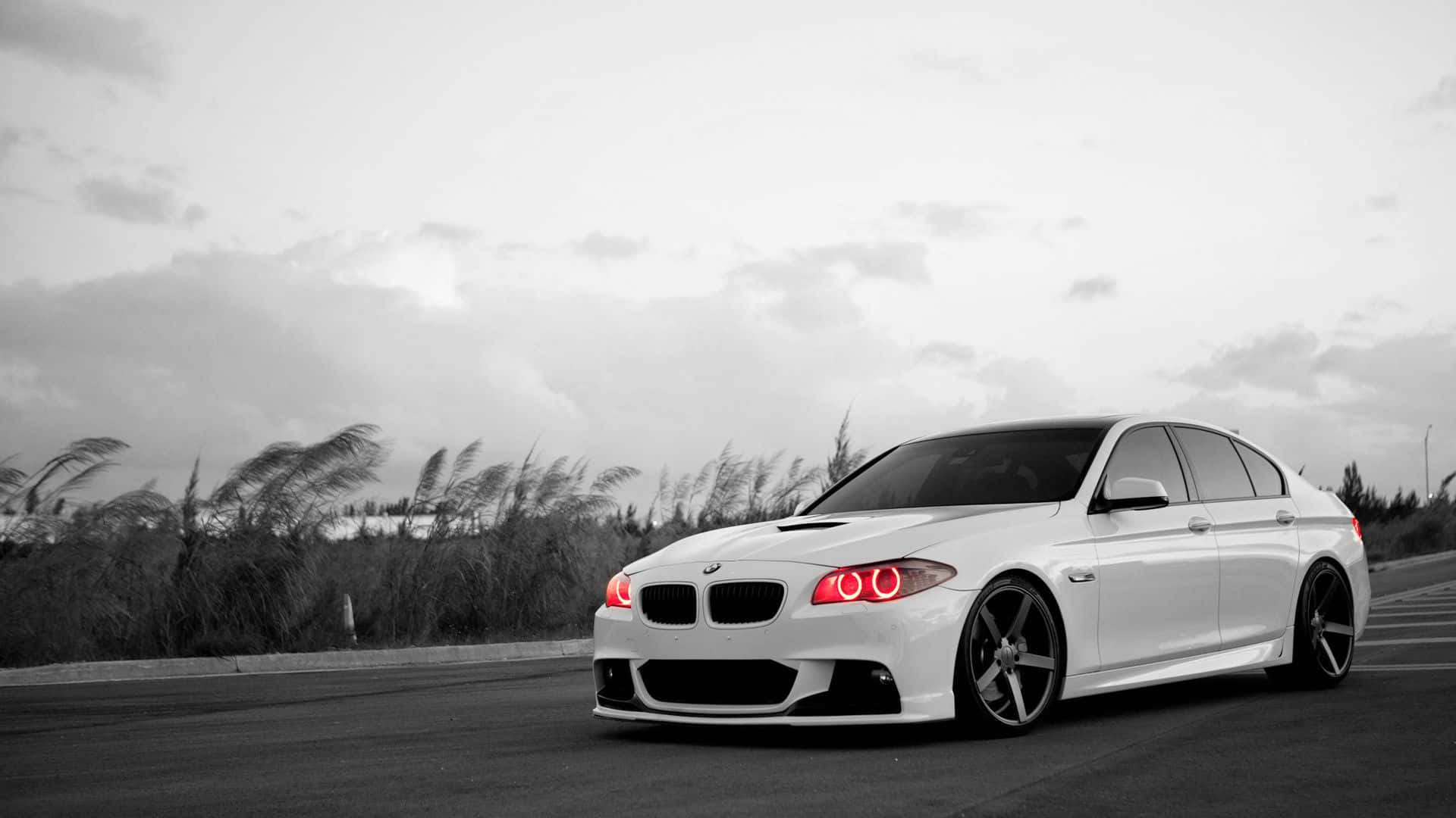 BMW M5, white, glowing red circular headlights, Full HD Desktop Wallpaper