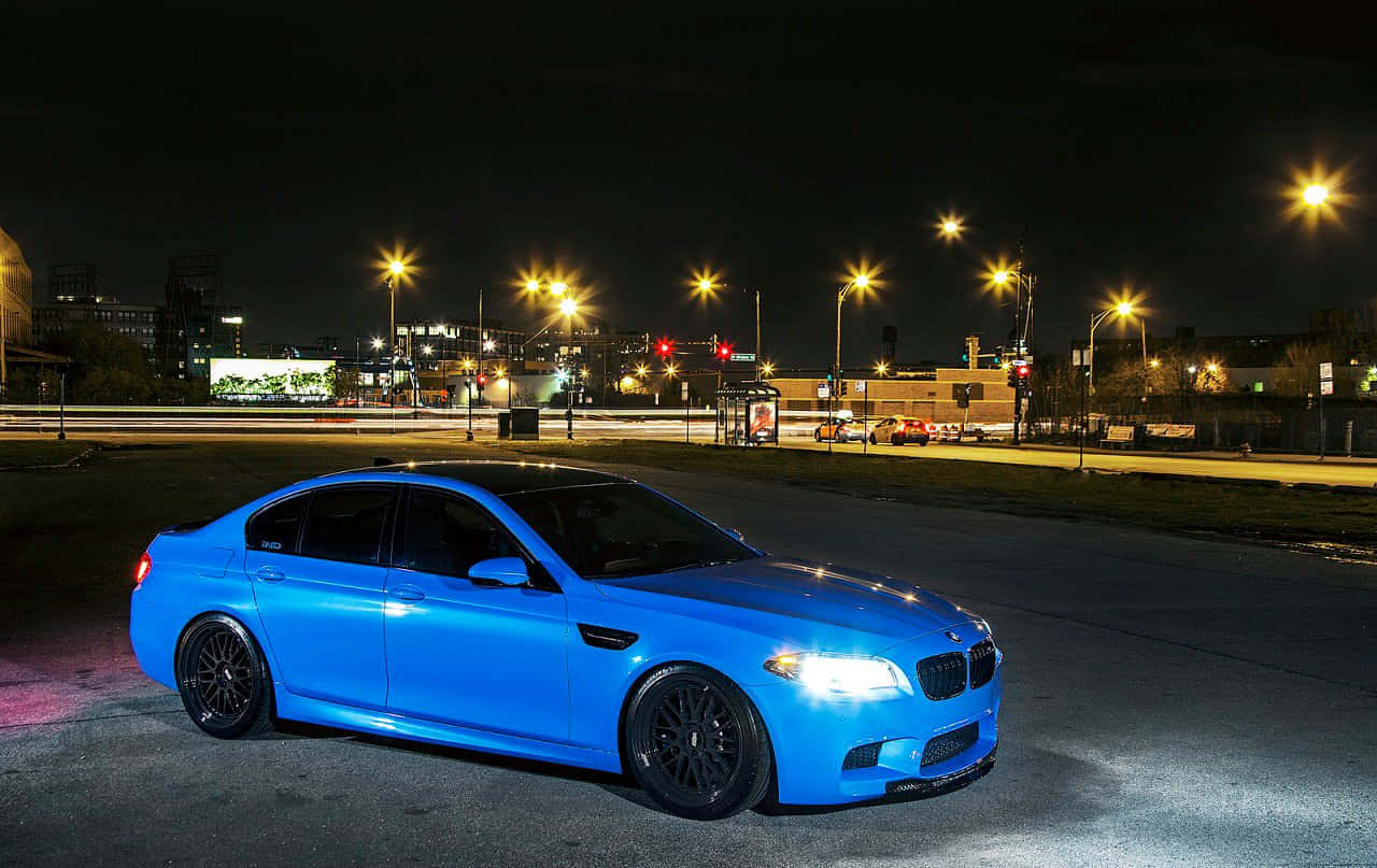 BMW M5, vibrant blue, city lights, HD Desktop Wallpaper