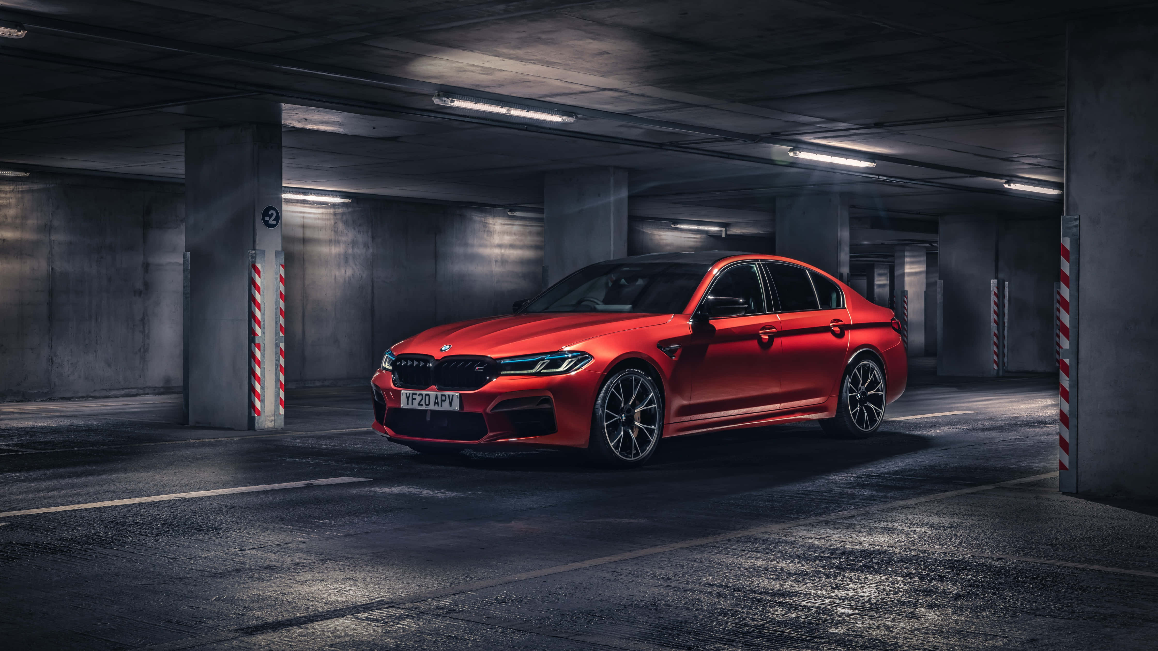 BMW M5, glossy red, concrete underground parking garage, 4K Desktop Wallpaper