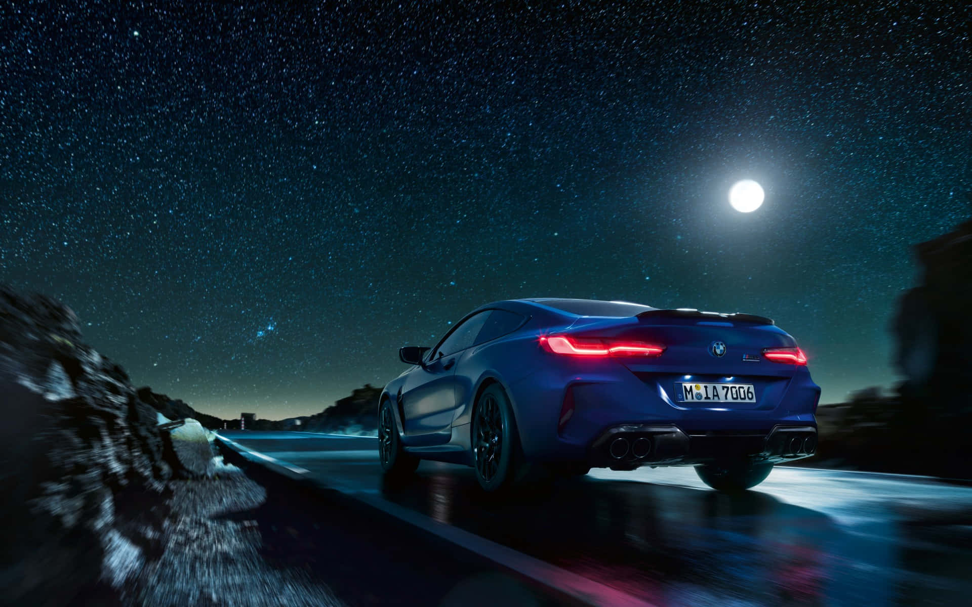 BMW M8, sleek blue sports car, starry night sky, Full HD Desktop Wallpaper