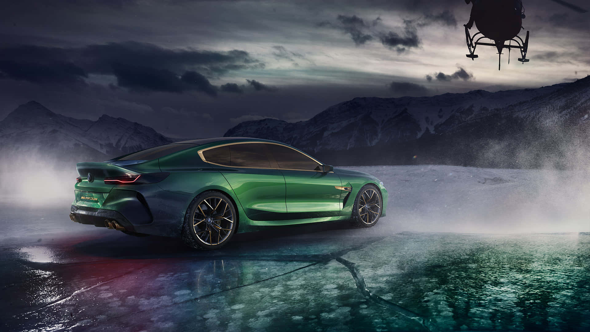BMW M8, green, wet icy surface, Full HD Desktop Wallpaper