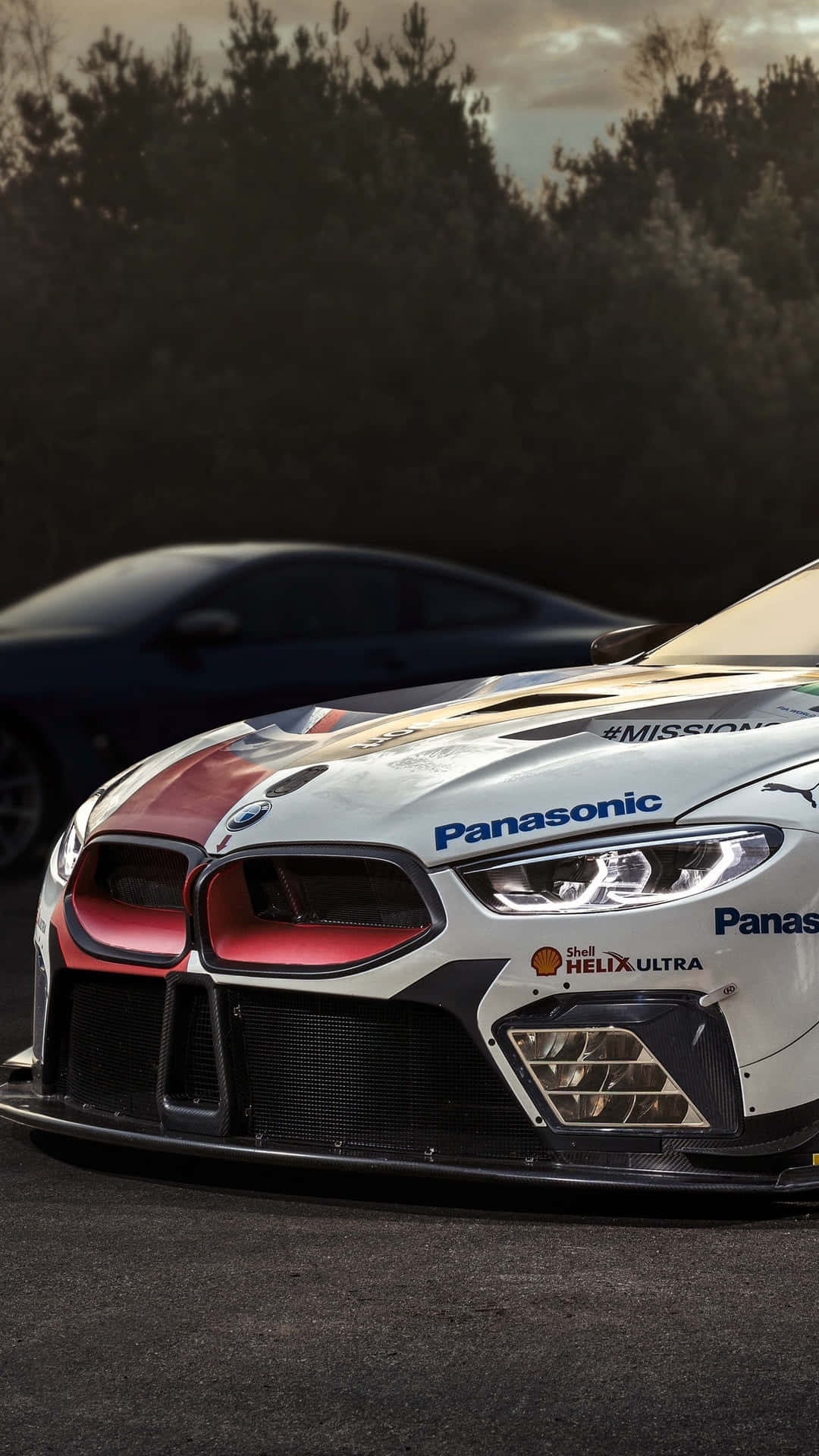 BMW M8, white and red, Panasonic and Shell logos, Full HD Phone Wallpaper