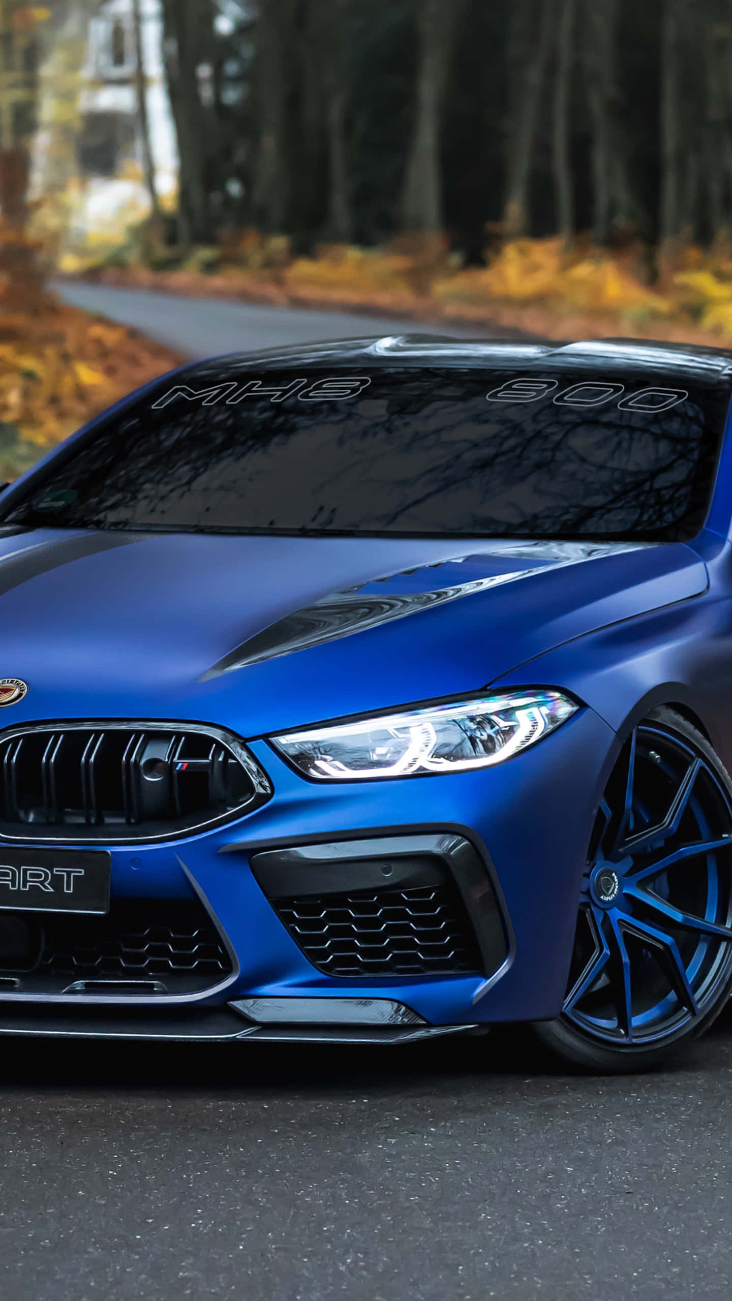 BMW M8, glossy blue, forest road, 2K Phone Wallpaper