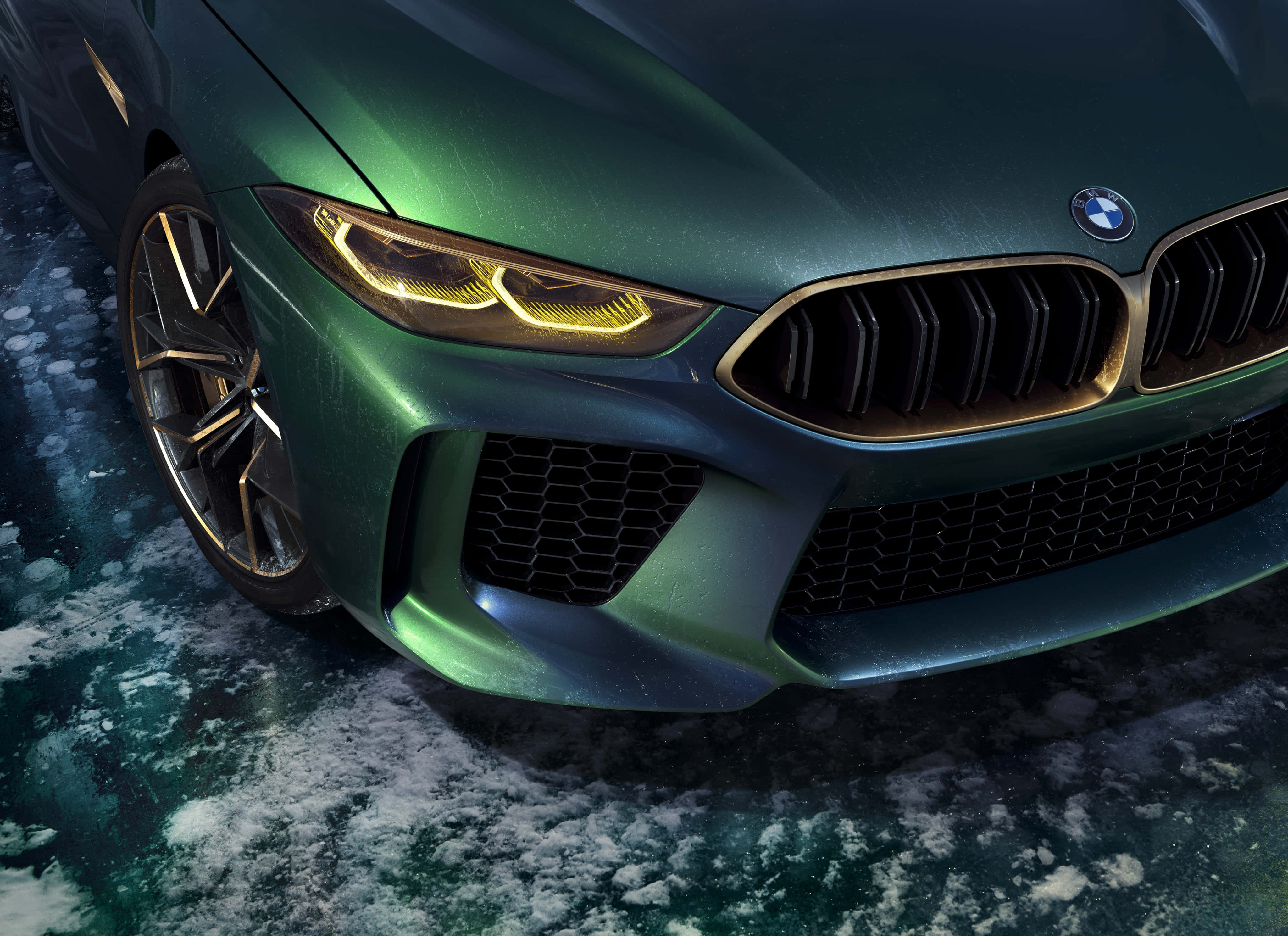 BMW M8, Dark Green, glowing headlights, 4K Desktop Wallpaper